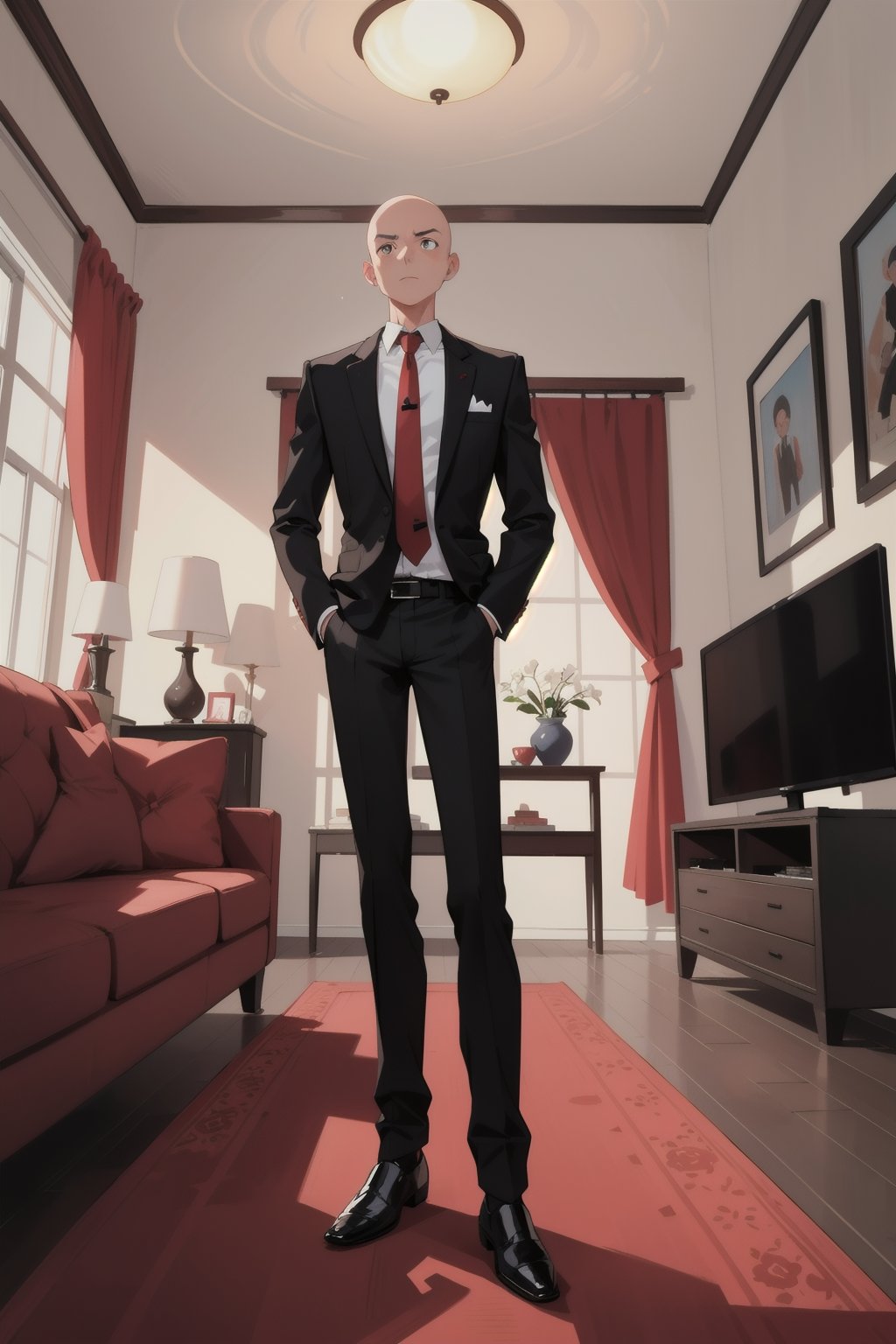 1boy, mature male, slim, bald, forehead, black jacket, red necktie, white shirt, black skinny pants, formal shoes, standing, living room, indoor, [fisheye lens:: 1], from front, [2D: 11], masterpiece, best quality, absurdres, very aesthetic