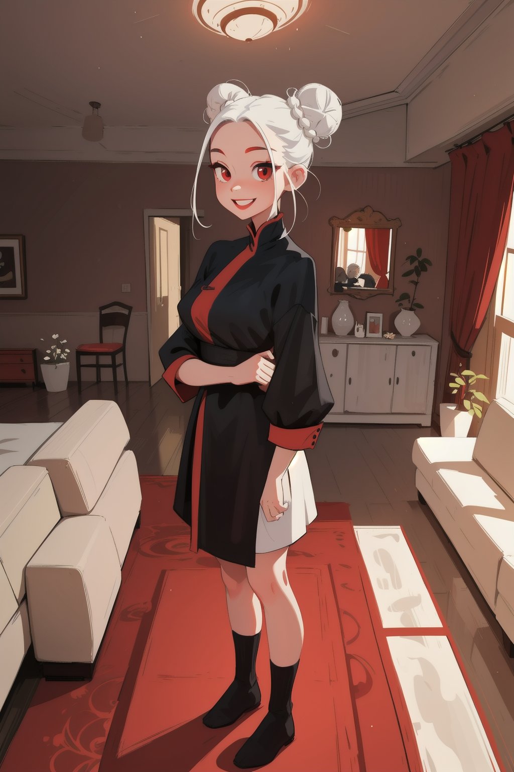 1girl, mature woman, white hair, double bun, forehead, red eyes, smile, standing, living room, indoor, [fisheye lens:: 1], from front, [2D: 11], [flat colors: 17], masterpiece, best quality, absurdres, very aesthetic, newest, General,SAM YANG