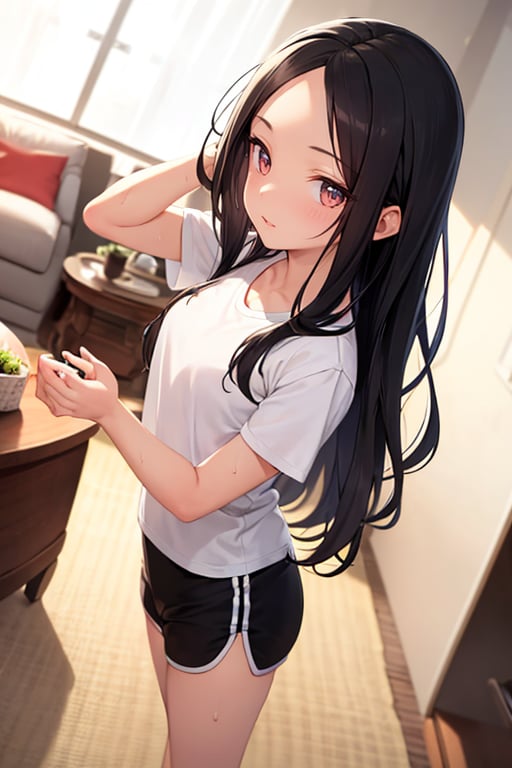 (masterpiece), best quality, 1girl, black hair, long hair, forehead, red eyes, shirt, short sleeve, sweat shorts, standing, living room, [fisheye lens:: 3]