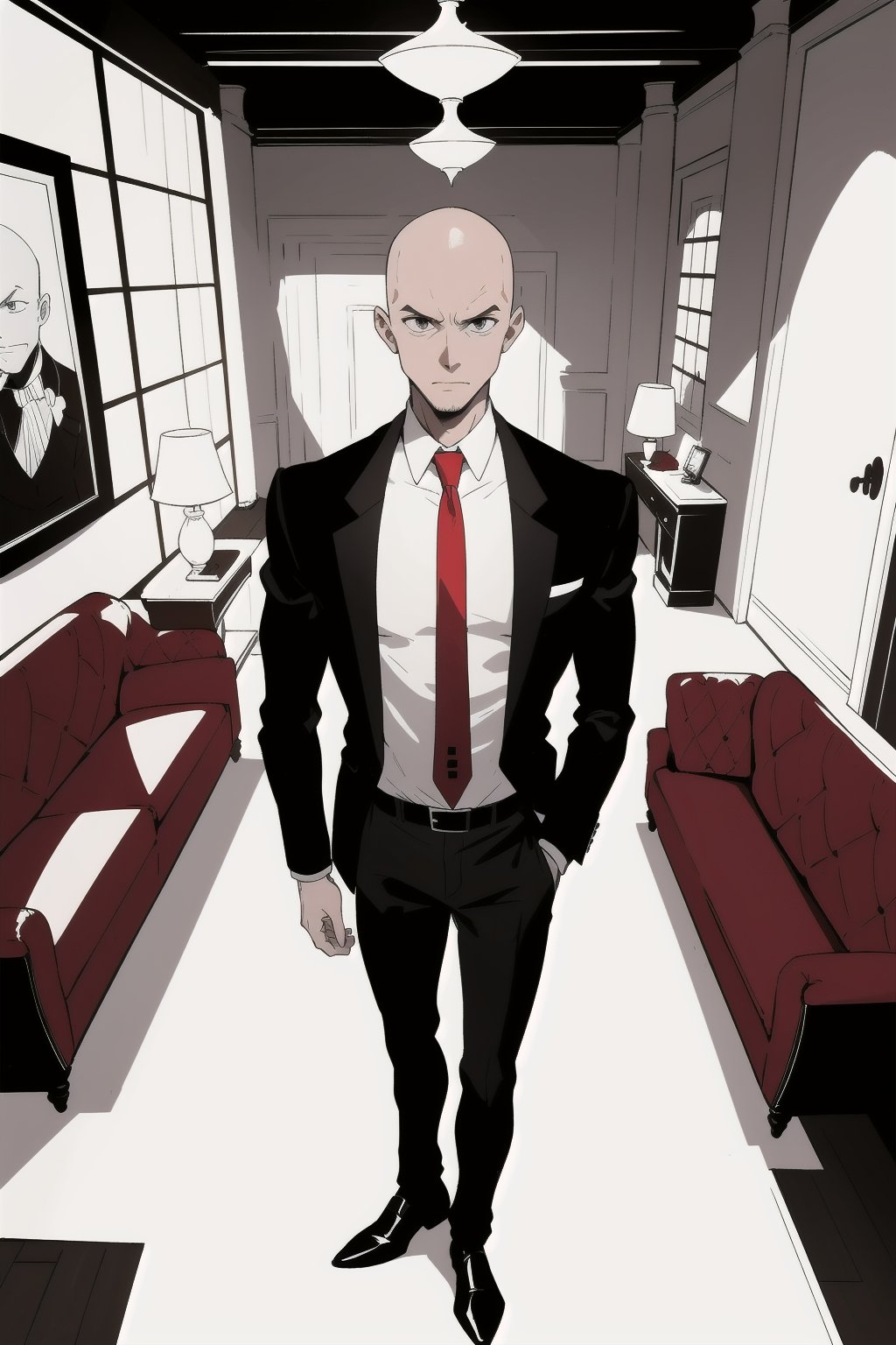 1boy, mature male, slim, bald, forehead, black jacket, red necktie, white shirt, black skinny pants, formal shoes, standing, living room, indoor, [fisheye lens:: 1], from front, [2D: 11], masterpiece, best quality, absurdres, very aesthetic, newest, General,monochrome,sketch