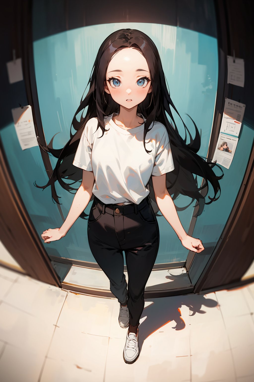 masterpiece, best quality, 1girl, solo, mature female, black hair, long hair, straight hair, forehead, brown eyes, shirt, short sleeve, pants, shoes, standing, outside, [fisheye lens:: 15], girl