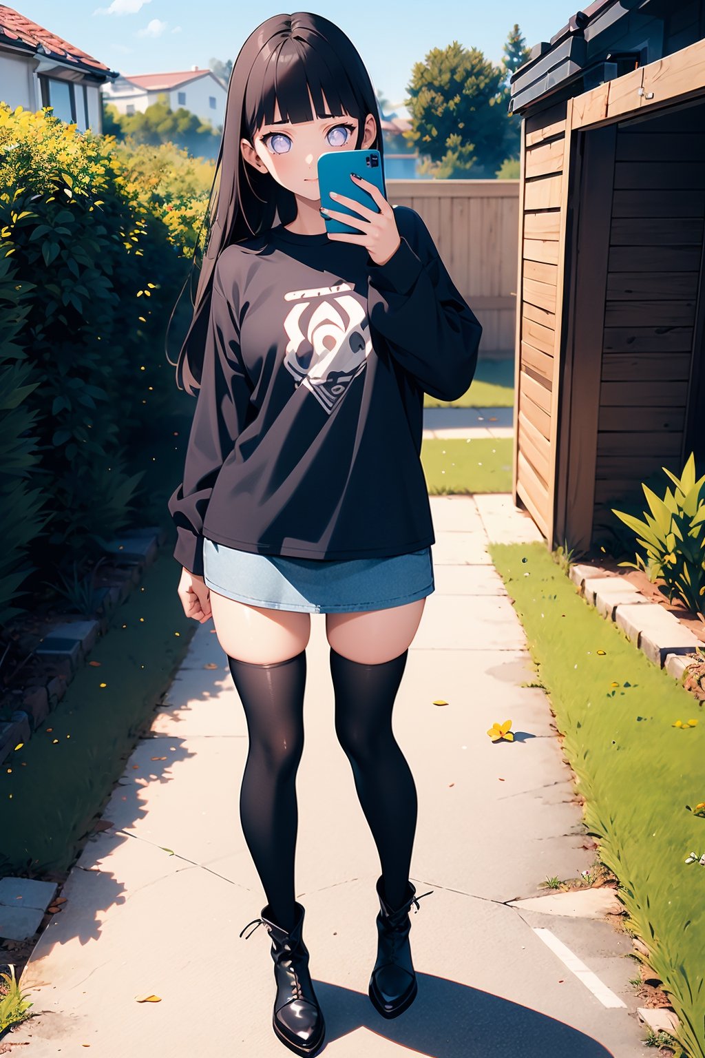 1girl, solo, long hair, brown hair, shirt, thighhighs, long sleeves, holding, standing, full body, pantyhose, boots, outdoors, black footwear, sleeves past wrists, black shirt, tattoo, thigh boots, phone, cellphone, t-shirt, smartphone, holding phone, selfie, taking picture, shirt tug,portrait,hinata (shippuden)