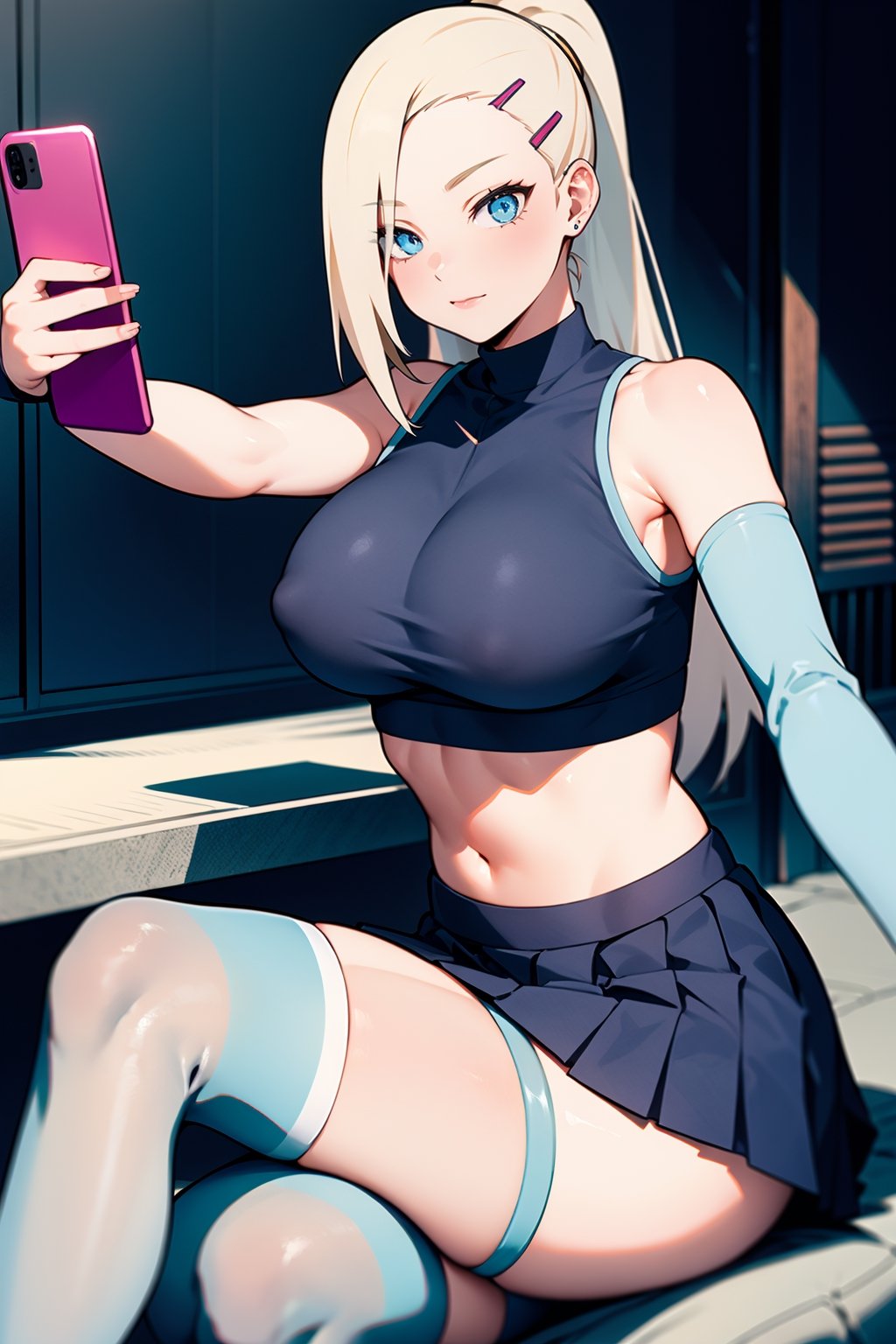 1girl, solo, long hair, breasts, skirt, large breasts, thighhighs, holding, blue eyes, sitting, thighs, blonde hair, pleated skirt, indoors, white thighhighs, blue skirt, crop top, phone, crossed legs, cellphone, smartphone, holding phone, sports bra, selfie,portrait,yamanaka_ino
