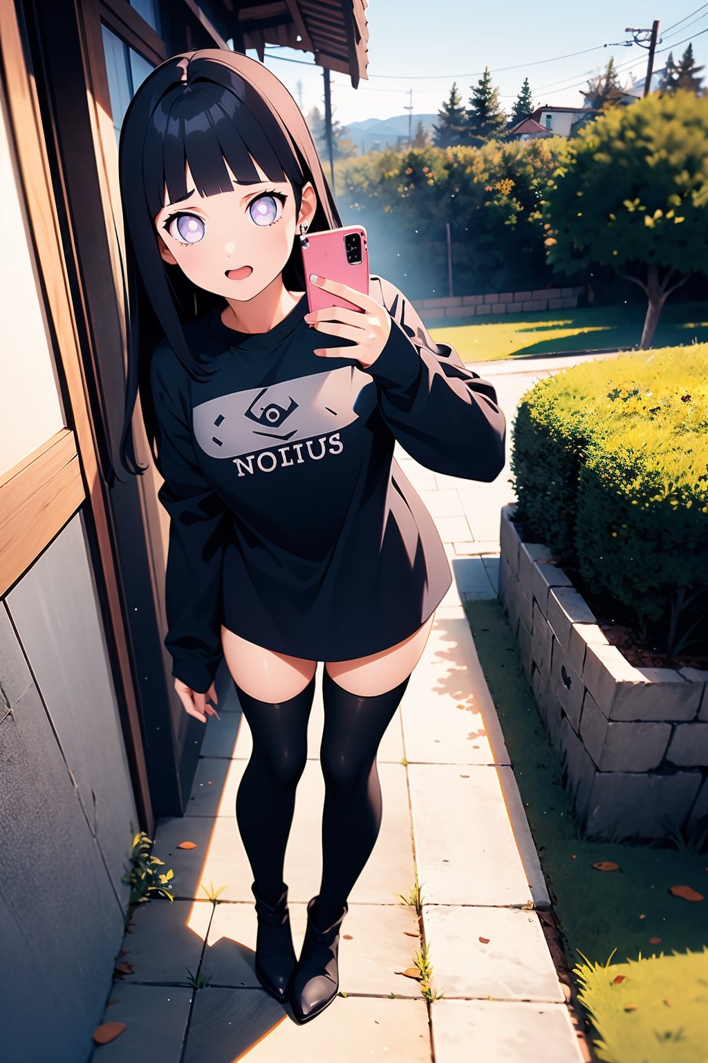 1girl, solo, long hair, brown hair, shirt, thighhighs, long sleeves, holding, standing, full body, pantyhose, boots, outdoors, black footwear, sleeves past wrists, black shirt, tattoo, thigh boots, phone, cellphone, t-shirt, smartphone, holding phone, selfie, taking picture, shirt tug,portrait,hinata (shippuden)