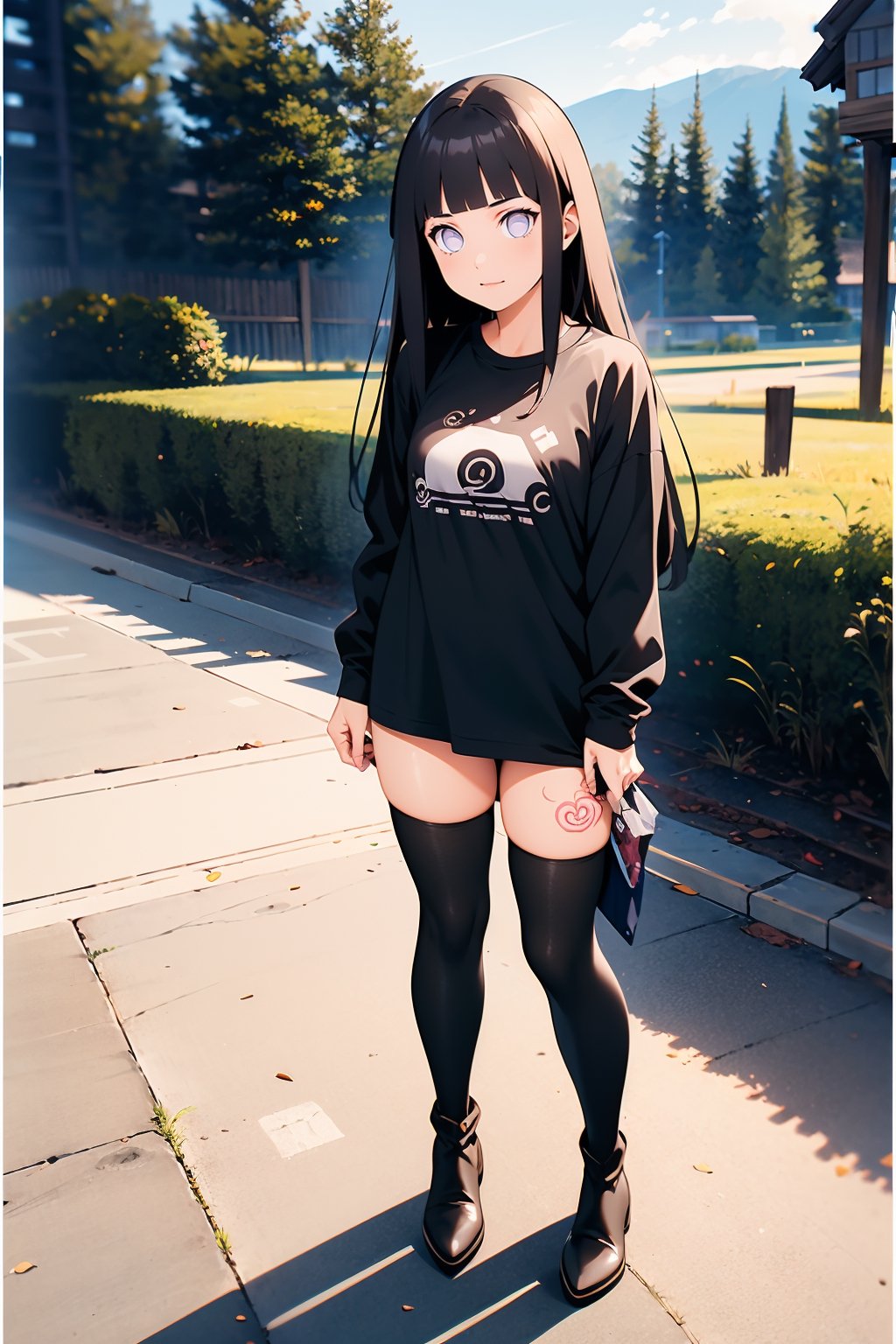 1girl, solo, long hair, brown hair, shirt, thighhighs, long sleeves, holding, standing, full body, pantyhose, boots, outdoors, black footwear, sleeves past wrists, black shirt, tattoo, thigh boots, phone, t-shirt, shirt tug,portrait,hinata (shippuden)