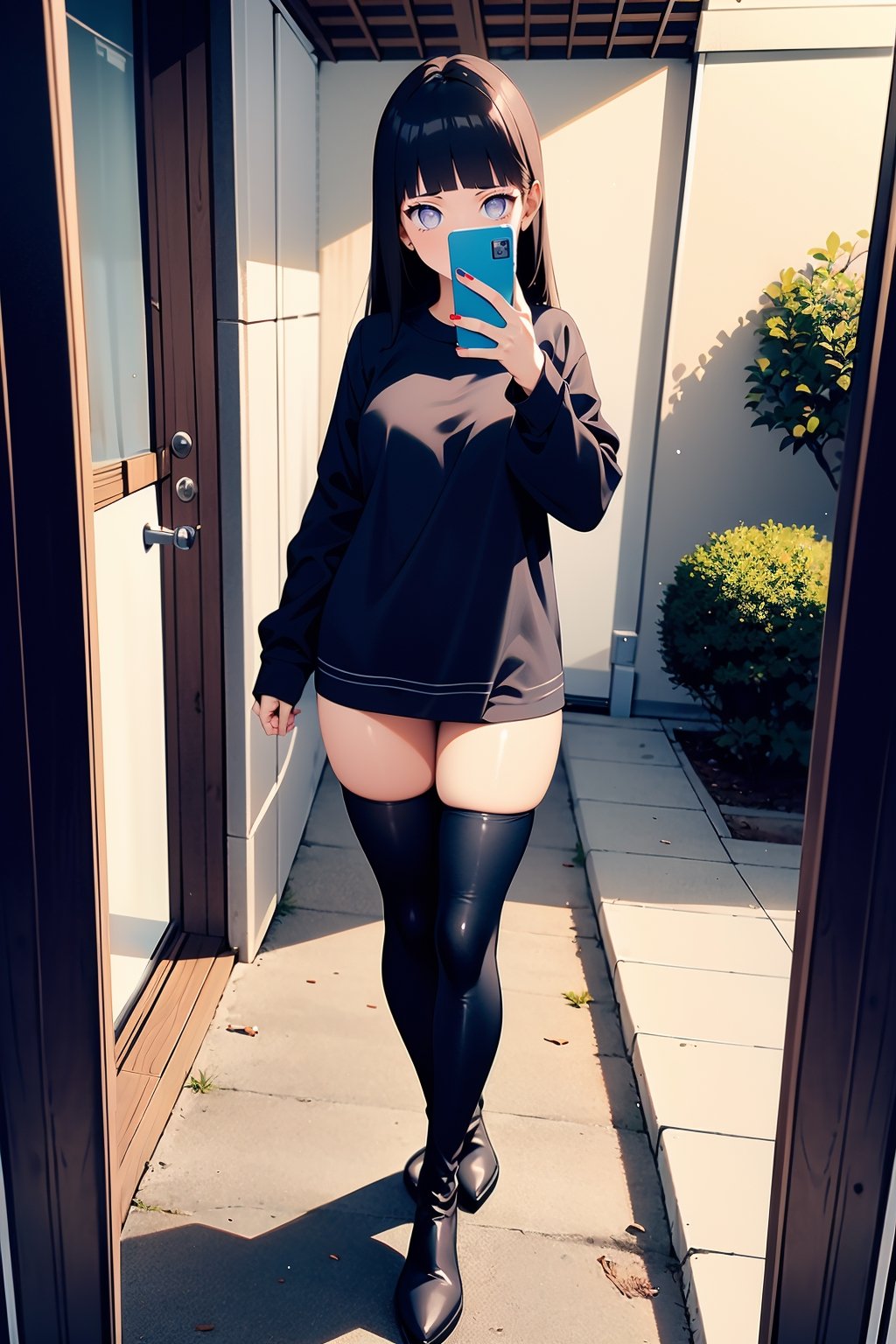 1girl, solo, long hair, brown hair, shirt, thighhighs, long sleeves, holding, standing, full body, pantyhose, boots, outdoors, black footwear, sleeves past wrists, black shirt, tattoo, thigh boots, phone, cellphone, t-shirt, smartphone, holding phone, selfie, taking picture, shirt tug,portrait,hinata (shippuden)