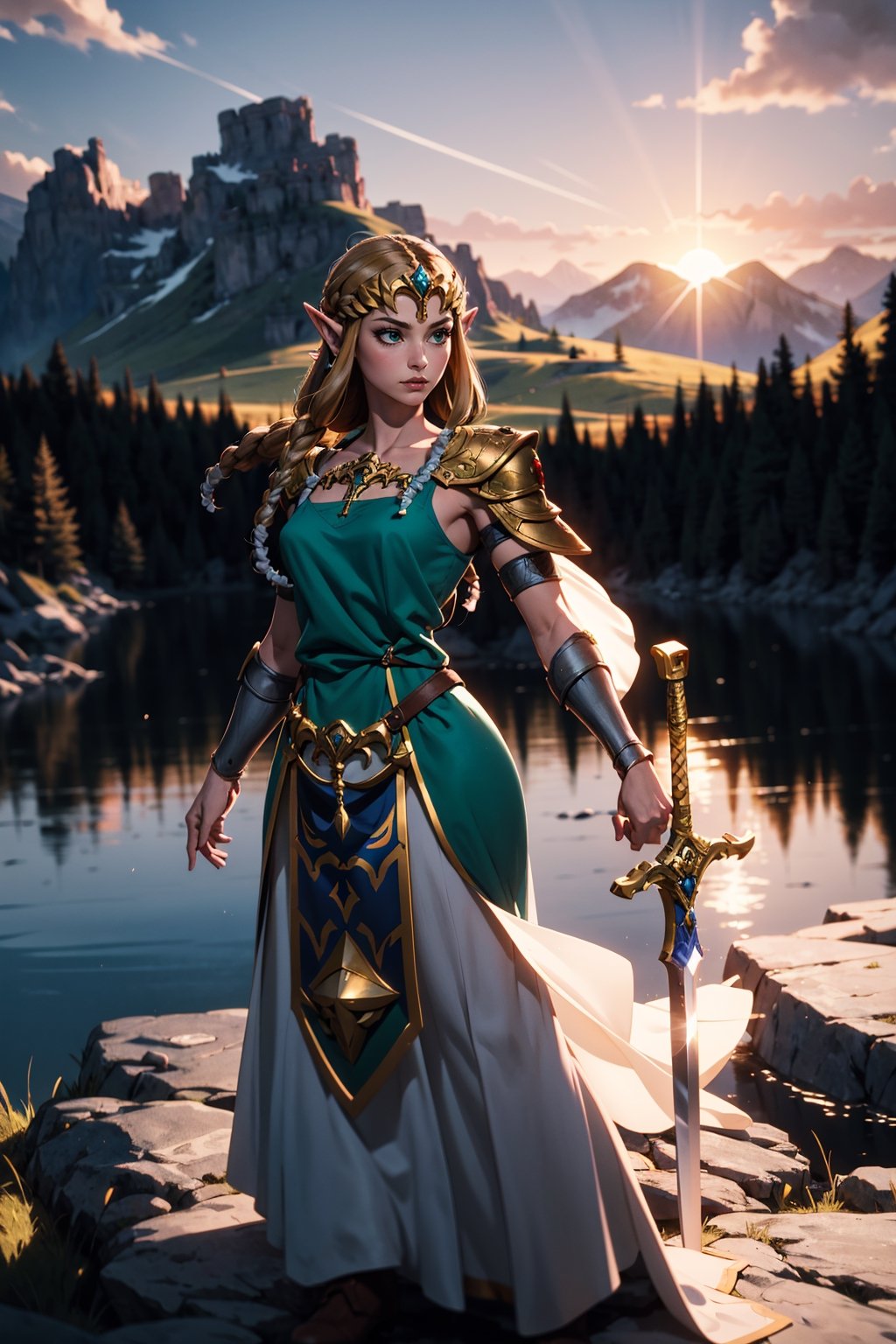 Princess Zelda of The Legend of Zelda game, standing heroically amidst a breathtaking landscape. Her long, flowing golden hair is swept back, revealing her elegant features and determined expression. Clad in her iconic green dress and gold accents, she wields her trusty sword, prepared for battle against the forces of darkness. In the distance, the sun sets over a mountainous terrain, bathing the scene in a warm, golden light. The sky is filled with wispy clouds that seem to form an epic backdrop for her heroic figure. Zelda stands atop a rocky outcropping, her posture confident and strong, as if daring any enemy to approach. Behind her, a lush forest stretches out, its trees swaying gently in the breeze, and a peaceful lake reflects the colors of the sky. The scene is both serene and epic, showcasing Princess Zelda's dual roles as both a fairytale princess and a courageous heroine, princess zelda, hair ribbon, twpr