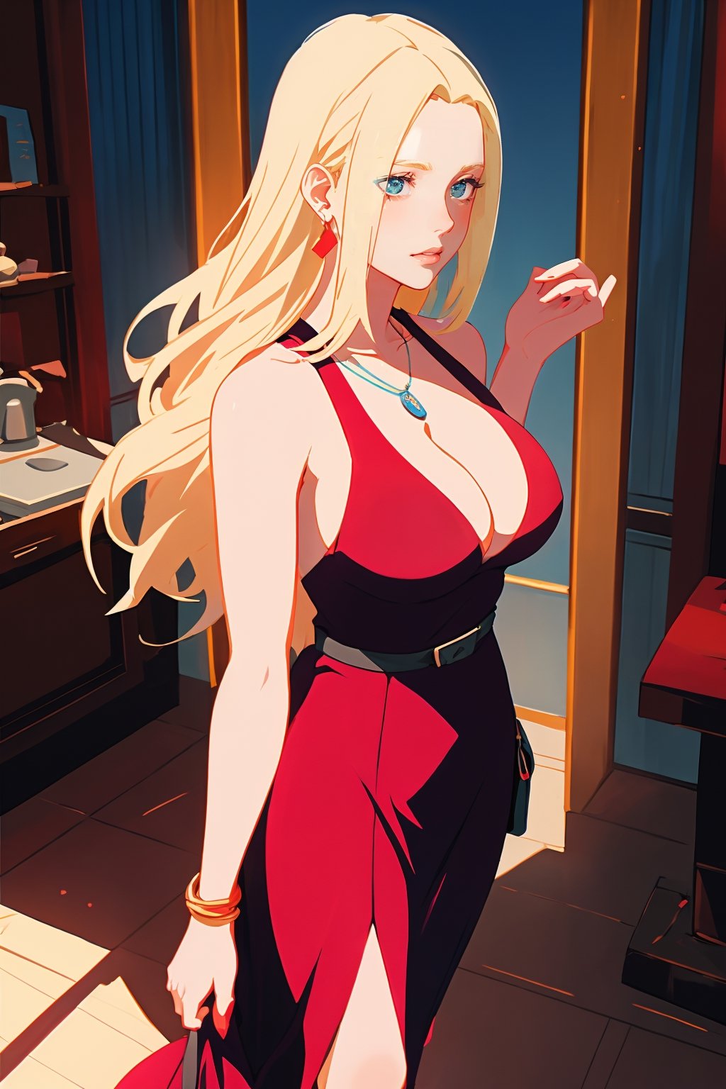 1girl, solo, long hair, breasts, looking at viewer, blue  eyes, blonde hair, full body view, large breasts, dress, cleavage, bare shoulders, jewelry, upper body, earrings, indoors, lips, red slut dress, realistic,portrait,yamanaka_ino