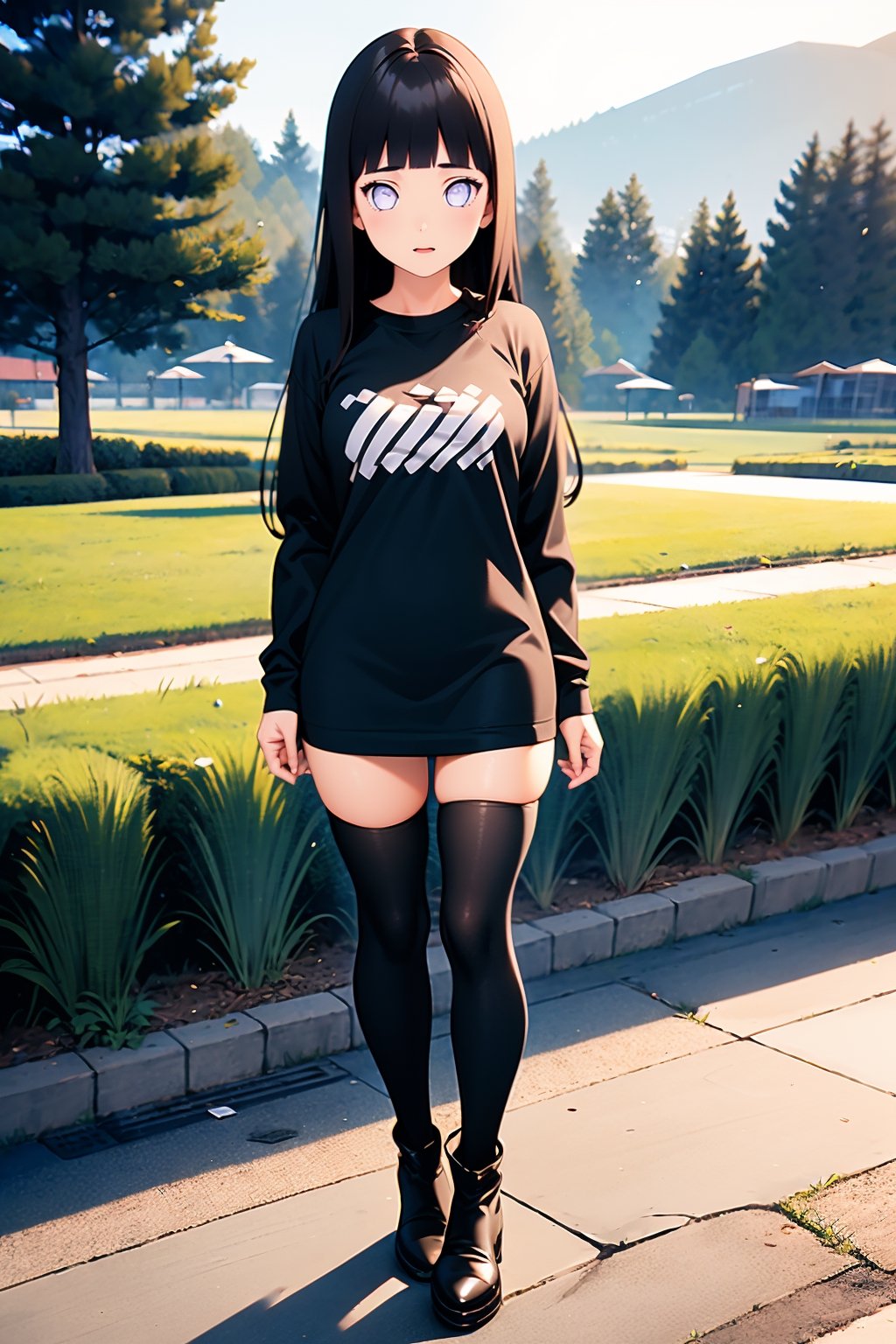 1girl, solo, long hair, brown hair, shirt, thighhighs, long sleeves, holding, standing, full body, pantyhose, boots, outdoors, black footwear, sleeves past wrists, black shirt, tattoo, thigh boots, phone, t-shirt, shirt tug,portrait,hinata (shippuden)