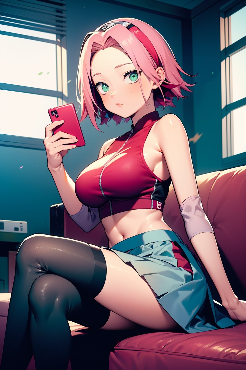 1girl, solo, short hair, breasts, skirt, large breasts, thighhighs, holding, green eyes, sitting, thighs, pink hair, pleated skirt, indoors, white thighhighs, blue skirt, crop top, phone, crossed legs, cellphone, smartphone, holding phone, sports bra, selfie,portrait,haruno sakura