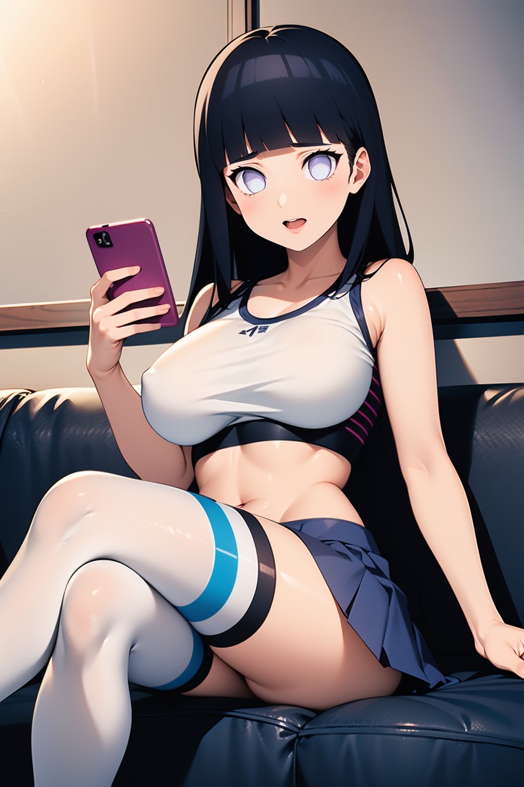 1girl, solo, long hair, breasts, skirt, large breasts, thighhighs, holding, perl eyes, sitting, thighs, black hair, pleated skirt, indoors, white thighhighs, blue skirt, crop top, phone, sexy, crossed legs, cellphone, smartphone, holding phone, sports bra, selfie,portrait,illustration,hinata (shippuden),fcloseup