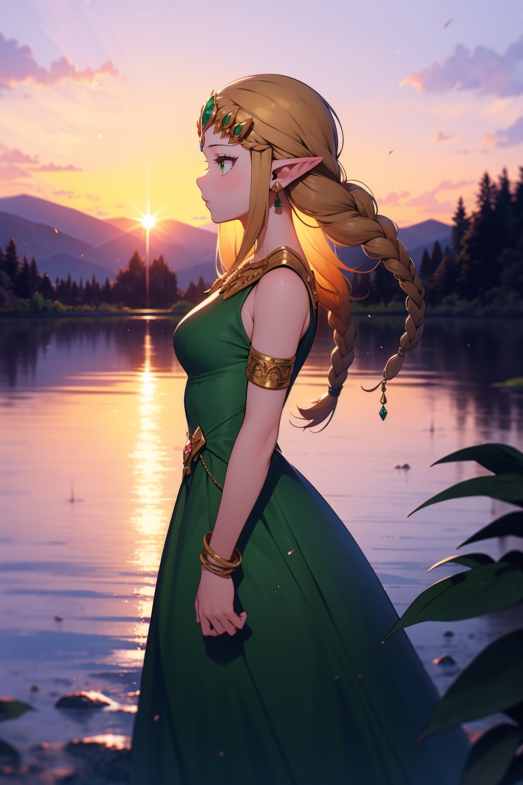 1girl, solo, long hair, breasts, bangs, blonde hair, hair ornament, dress, holding, bare shoulders, jewelry, medium breasts, closed mouth, green eyes, standing, braid, sidelocks, earrings, outdoors, sky, sleeveless, pointy ears, cloud, water, bracelet, from side, profile, sleeveless dress, plant, armlet, green dress, sunset, princess zelda,portrait, twpr