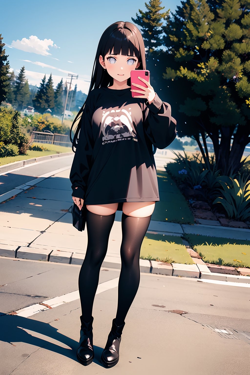 1girl, solo, long hair, brown hair, shirt, thighhighs, long sleeves, holding, standing, full body, pantyhose, boots, outdoors, black footwear, sleeves past wrists, black shirt, tattoo, thigh boots, phone, cellphone, t-shirt, smartphone, holding phone, selfie, taking picture, shirt tug,portrait,hinata (shippuden)