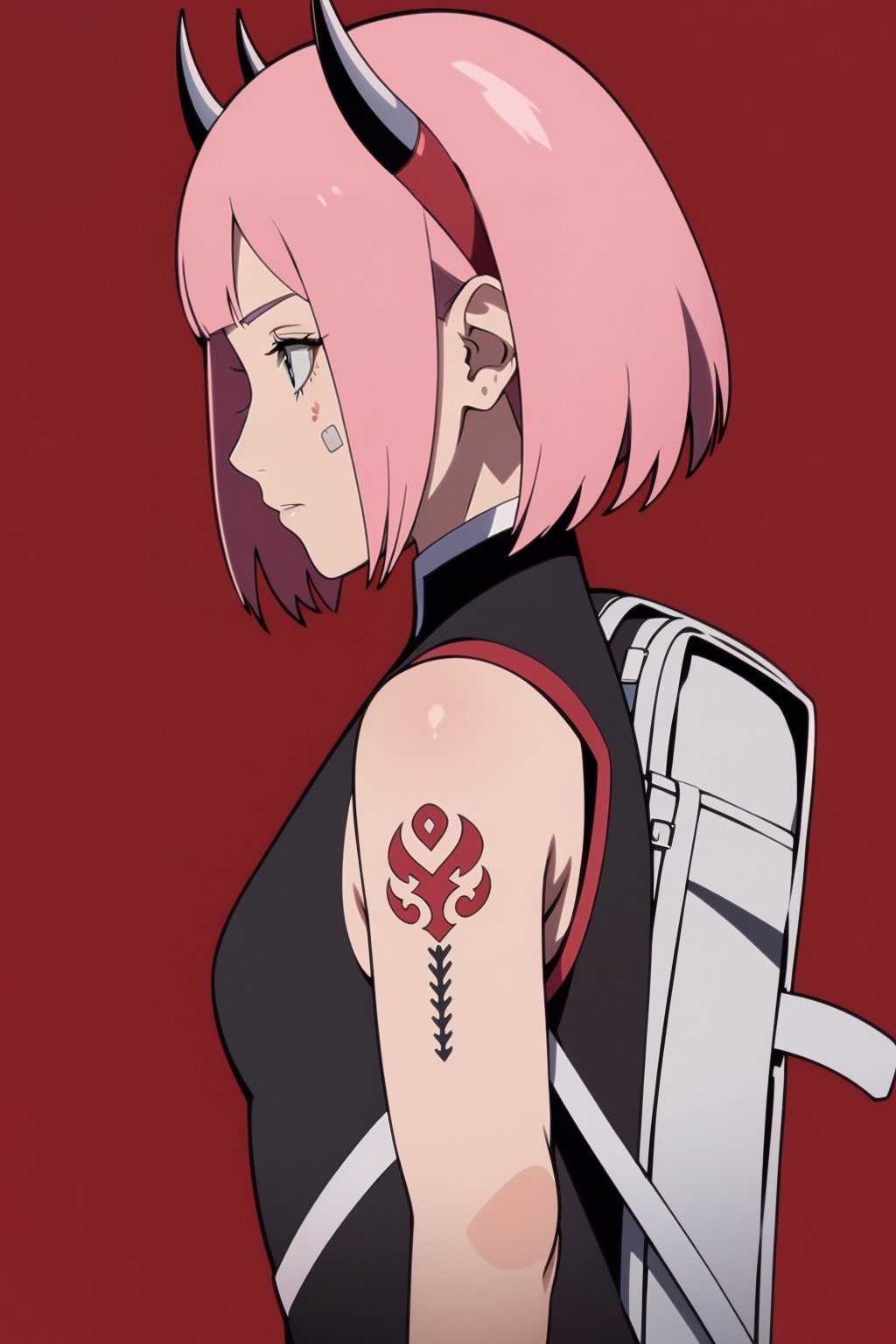 1girl, solo, breasts, short hair, bangs, simple background, shirt, upper body, weapon, flower, horns, sleeveless, sword, blunt bangs, bag, black eyes, from side, black shirt, sleeveless shirt, tattoo, profile, mask, bob cut, backpack, katana, bandaid, red background, oni horns, oni, bandaid on face, oni mask, ,haruno sakura