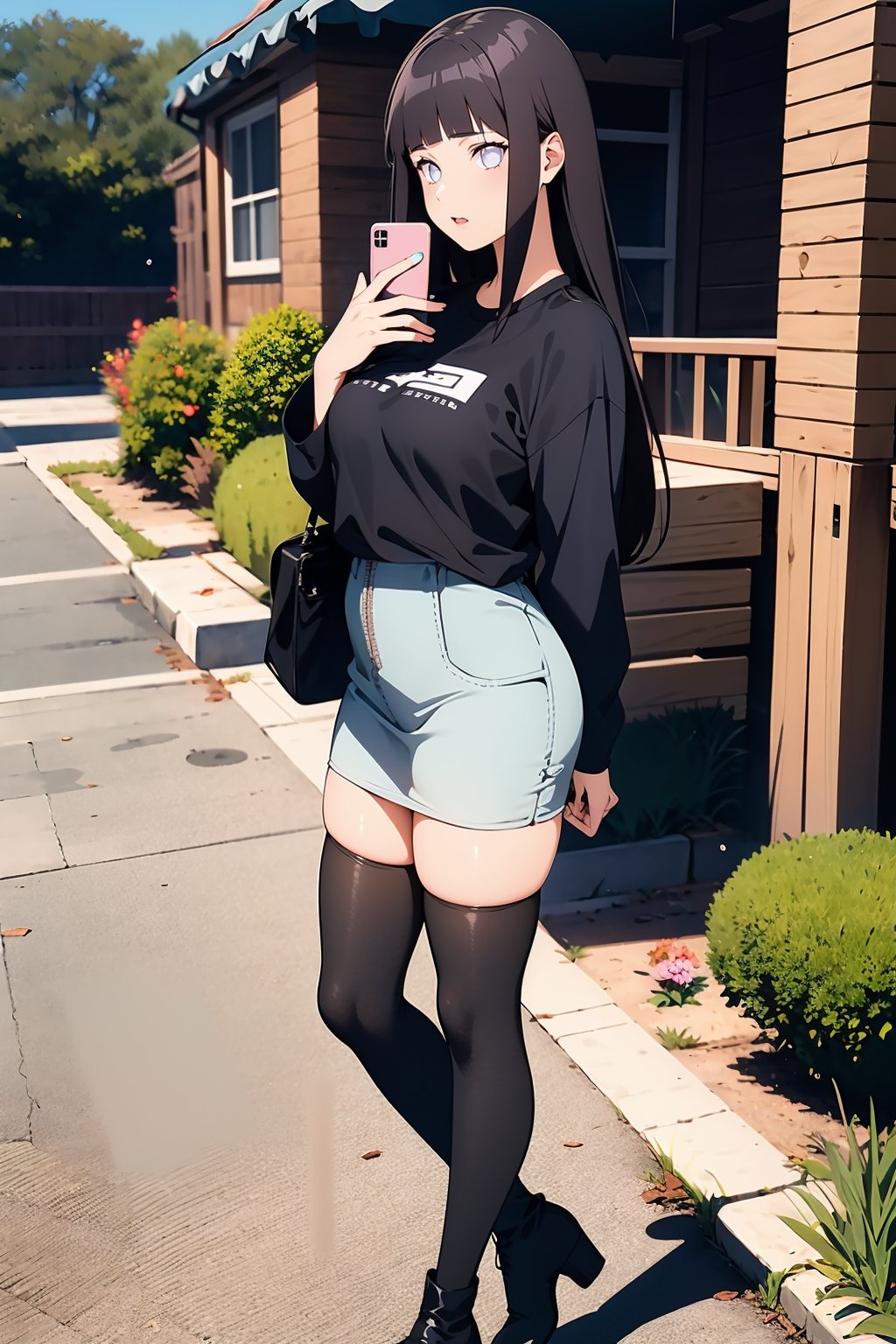 1girl, solo, long hair, brown hair, shirt, thighhighs, long sleeves, holding, standing, full body, pantyhose, boots, outdoors, black footwear, sleeves past wrists, black shirt, tattoo, thigh boots, phone, cellphone, t-shirt, smartphone, holding phone, selfie, taking picture, shirt tug,portrait,hinata (shippuden)