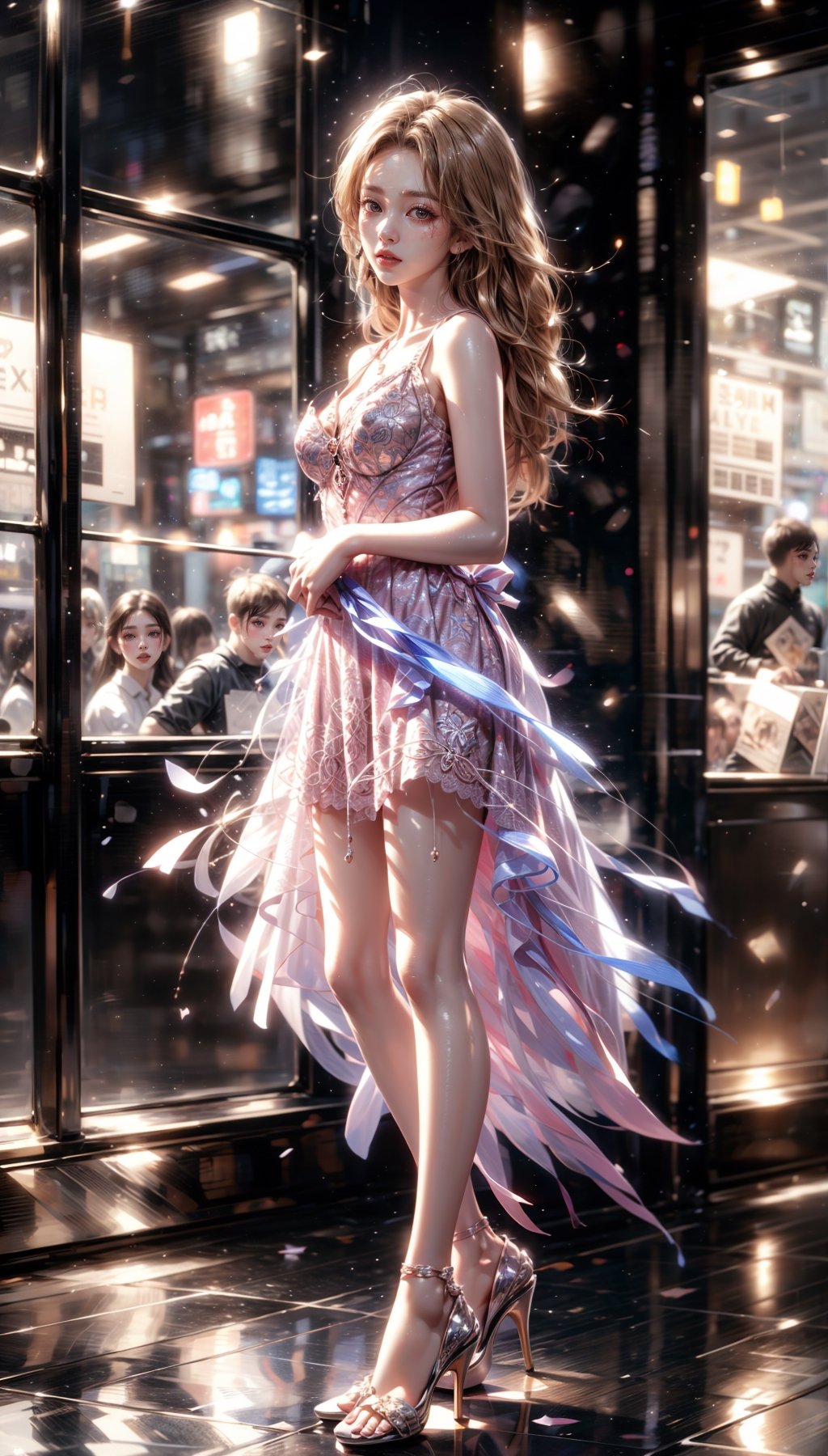 18 years old girl, wearing patterned dress, real, wearing high heels, high quality, blond wavy hair, realistic eyes, background scene not good commercial street