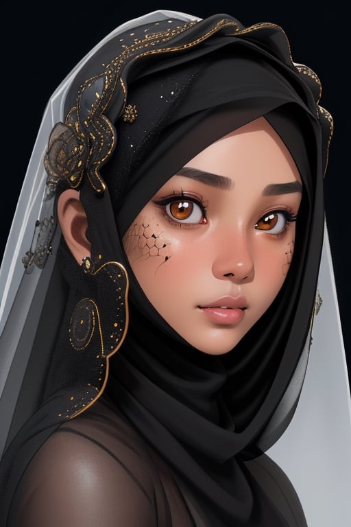 **(masterpiece), (extreme close up), side view, best quality, (photorealistic:1.3), young Indonesian girl, graveline selfie wearing veil hijab, at night, front view, pretty face, realistic skin, (round face), black veil, black sweater, realistic skin texture, vivid lighting, detailed face cheering, human skin texture **