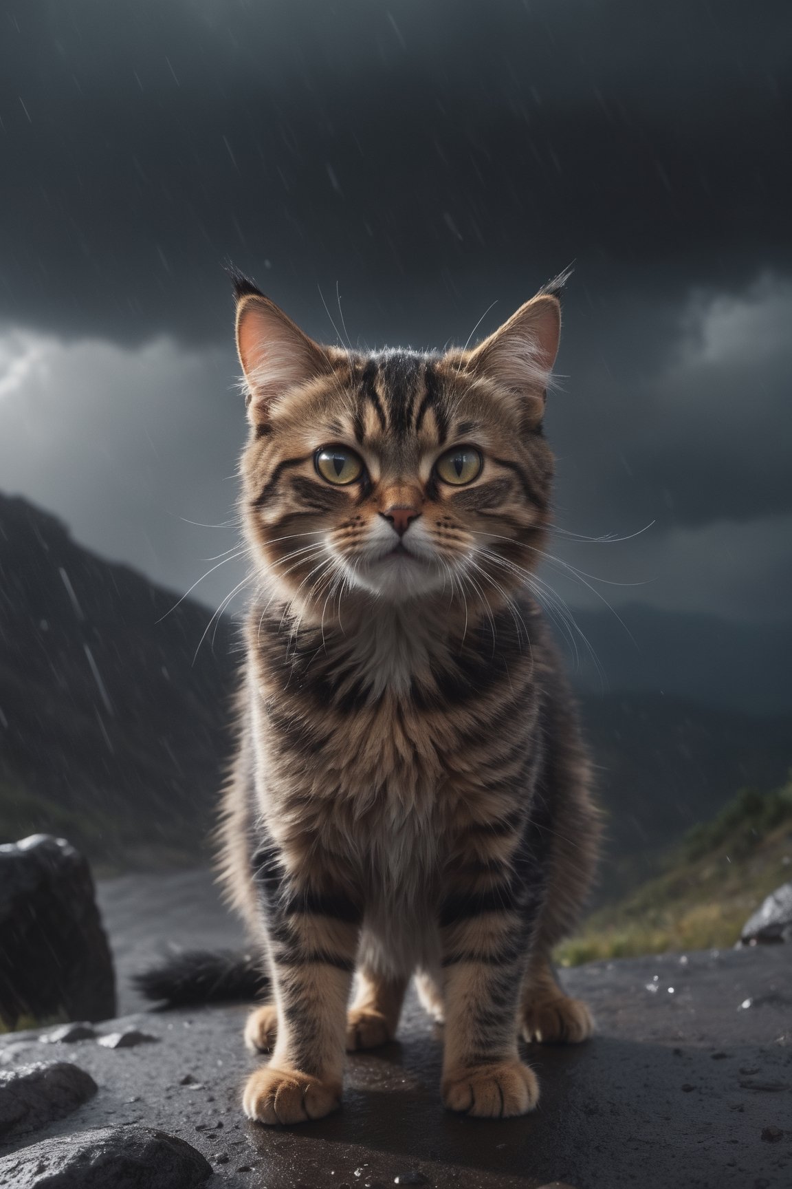  An aggressive, enraged, cute cat,angry eyes, raining atmosphere 
 standing on the mountain ,angry eyes, 8k, uhd, dslr, realistic, award winning photo, cinematic lighting,  full body
, dark black background and thunder and rain,dark  ,Movie Poster,MoviePosterAF   , midjourney style art,dark background. highly detailed, sharp focus.8k,photography style,close shot, cinematic lighting   , cinematic lighting 
