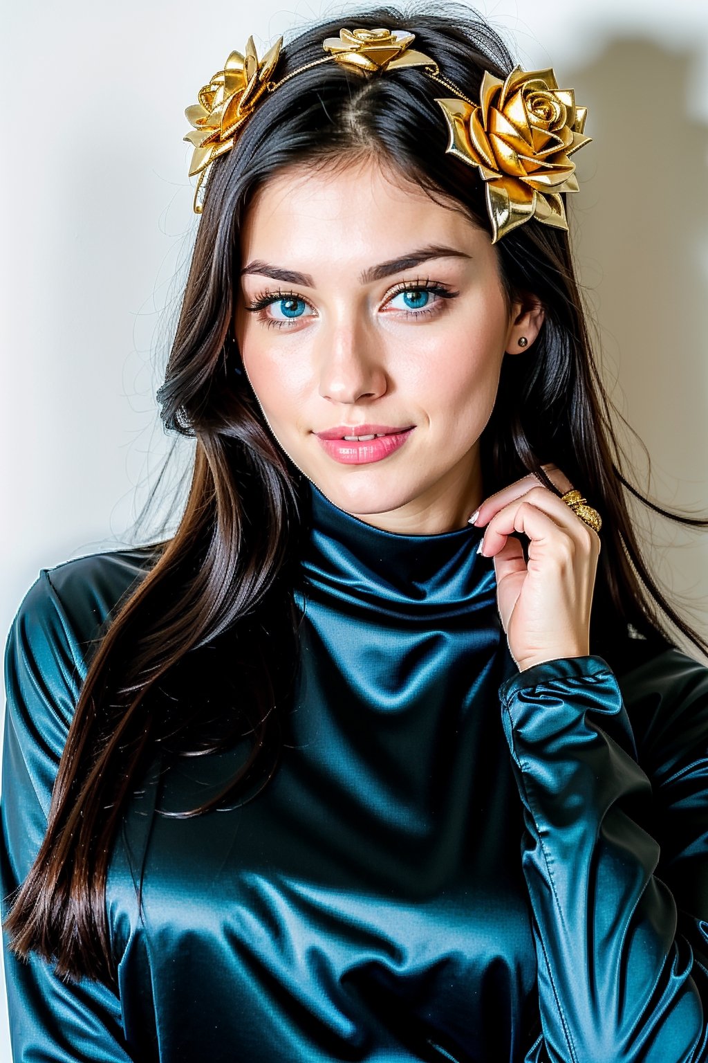 woman, beautiful face, perfect face, blue eyes fully black hair, very straight hair, pale white skin, huge boobs, little smile, sexy, perfect, face zoom in, close to face shoot, solid fully green background wall 
,gold, golden roses around, best quality, details, canon eos 80d photo, tall face, indoor, room, long dress, on a white background, sweater