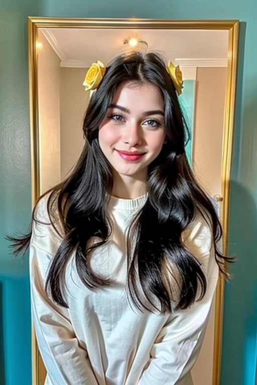 woman, beautiful face, perfect face, blue eyes fully black hair, very straight hair, pale white skin, huge boobs, little smile, sexy, perfect, face zoom in, close to face shoot, solid fully green background wall 
,gold, golden roses around, best quality, details, canon eos 80d photo, tall face, indoor, room, long dress, on a white background, blue sweater