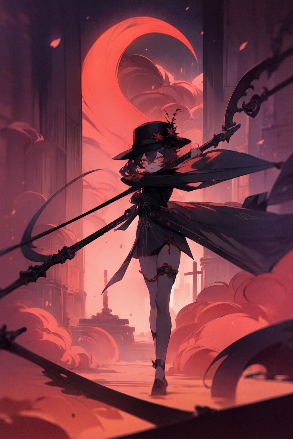 ((the best quality)), (ultra-detailed), ((extremely detailed)), 4K, (8K),Create a grimm reaper with a scythe, scary looking, 1girl,hutaodark mood, lighted by torches.,DarkTheme,xyzabcplanet,hutao_genshin, sunset