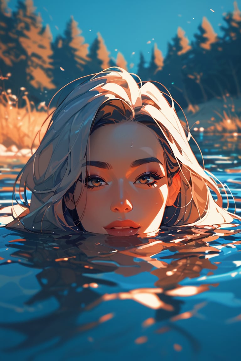 score_9, score_8_up, score_7_up, 1girl, face focus, head portrait, partially submerged, lake, trees