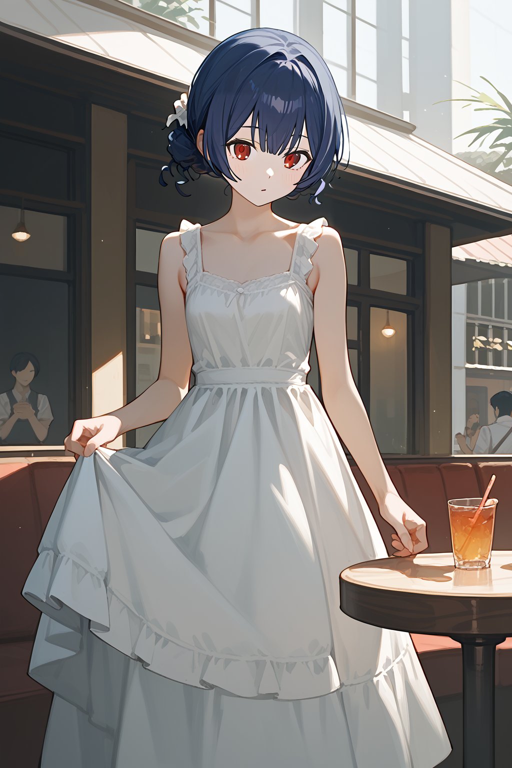 (score_9,score_8_up,score_7_up), 1girl, morino rinze, dark blue hair, single hair bun, red eyes, white dress, sundress, skirt hold bowing, restaurant, indoor