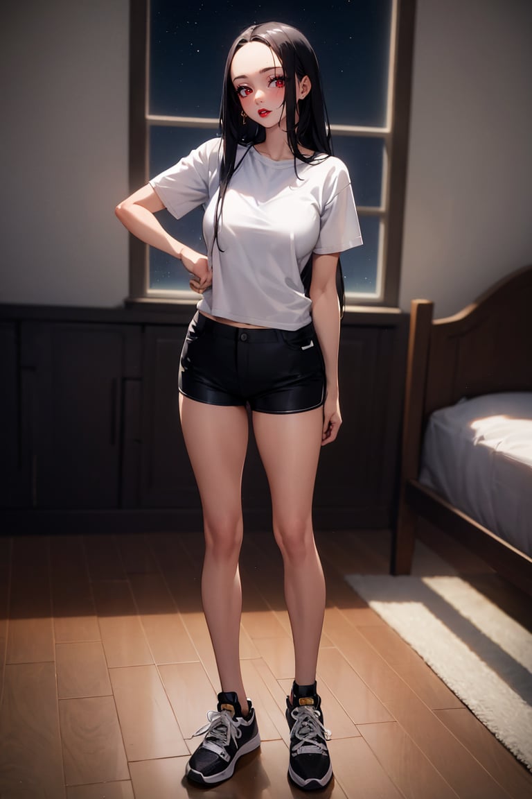 (masterpiece), best quality, highly detailed, 1girl, mature female, black hair, long hair, straight hair, forehead, black eyes, golden teeth, shirt, short sleeve, shorts, sneakers, standing, bedroom, night sky