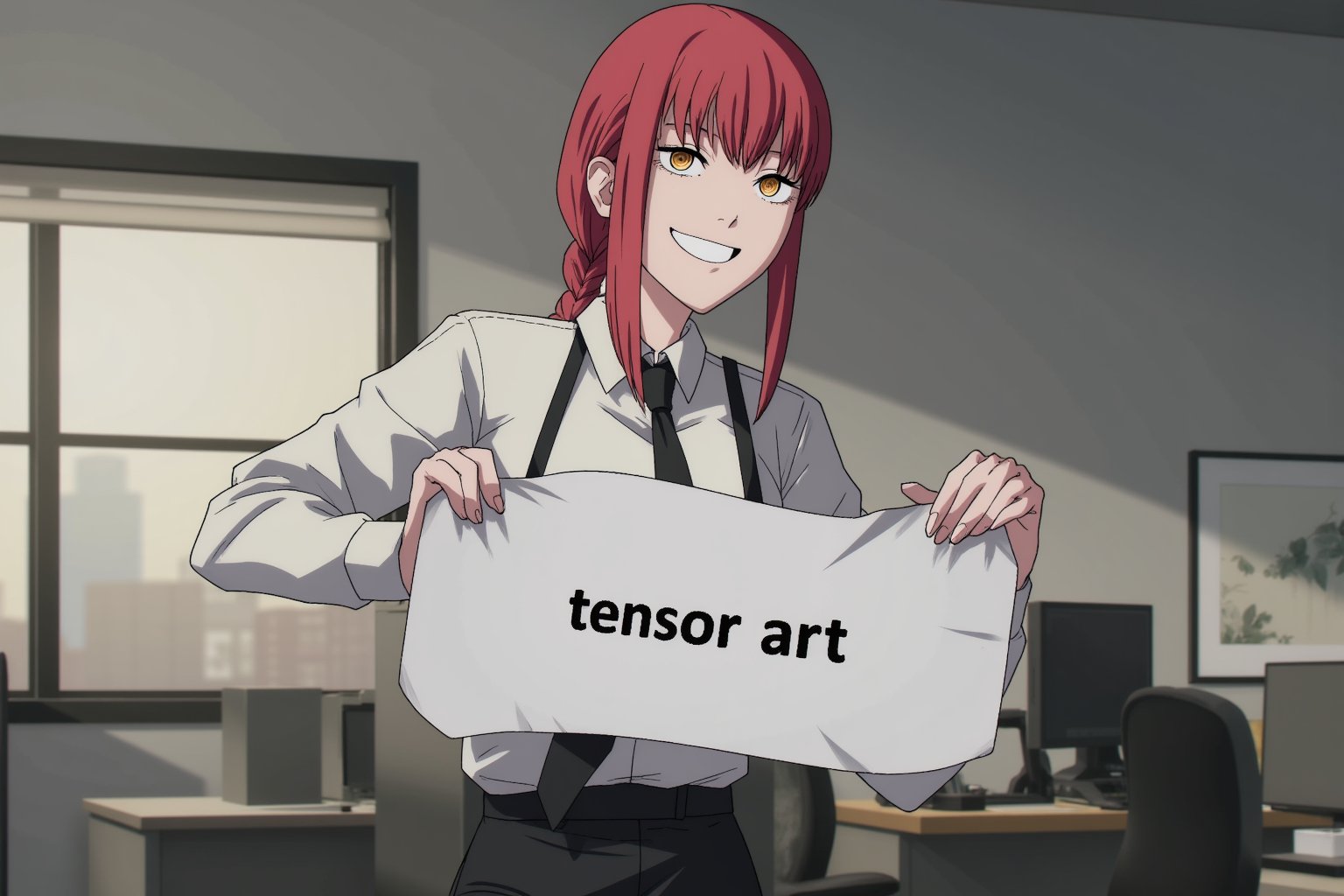 flux_makima, woman, collared shirt, white shirt, black necktie, black pants, red hair, single braid, in the office holding a sign with the text: "tensor art", smiling evilly 