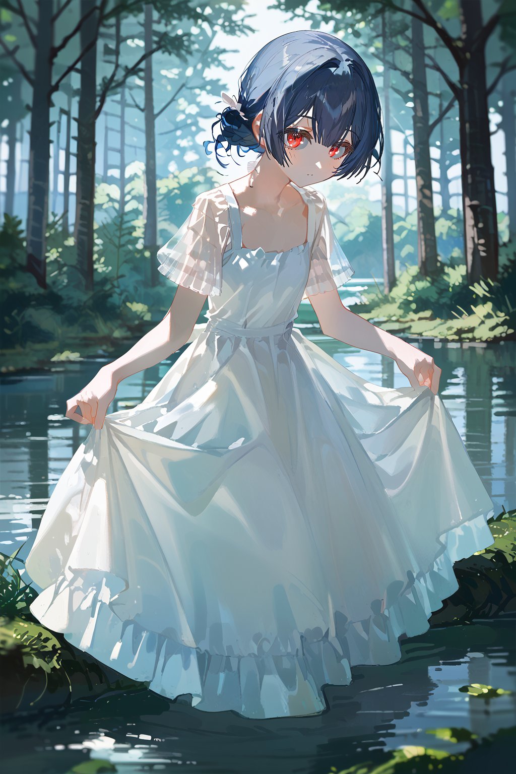 (score_9,score_8_up,score_7_up,score_6_up,score_5_up,score_4_up), anime, 1girl, morino rinze, dark blue hair, single hair bun, multicolored eyes, red eyes, white dress, sundress, short sleeves, see-through sleeves, outdoor, lake, trees, scenery, portrait