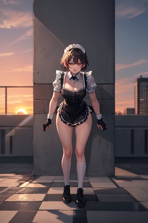 (masterpiece, best quality), highly detailed, highres, 1girl, short hair, maid outfit, outdoor, rooftop, city, sunset