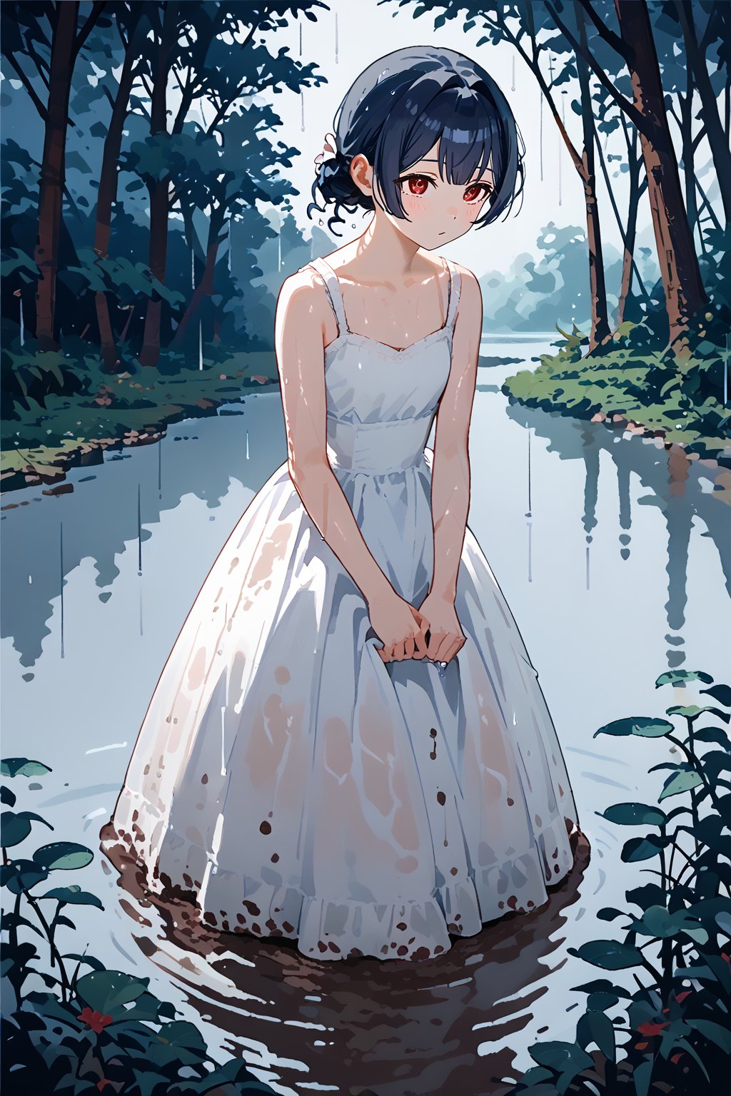 (score_9,score_8_up,score_7_up), mud,dcr34sed_c0l0ring,<color> theme, 1girl, morino rinze, dark blue hair, single hair bun, red eyes, white dress, sundress, skirt hold bowing, outdoor, tress, river, forest, rainy, wet