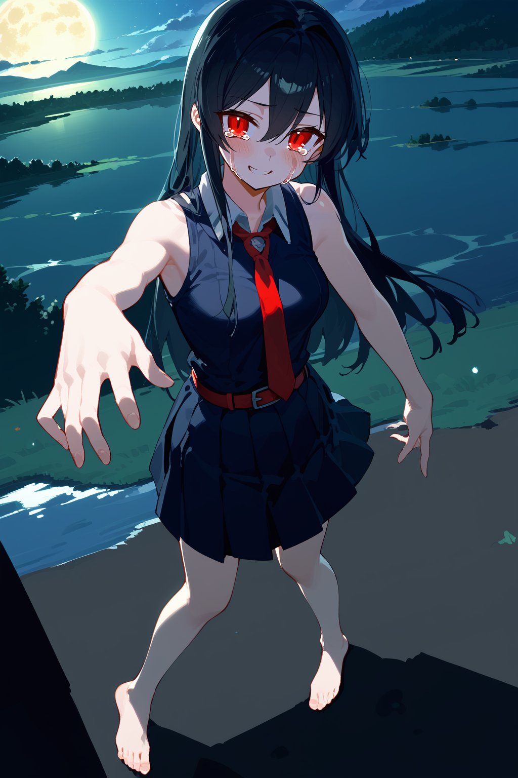 (score_9,score_8_up,score_7_up), flat color, 1girl, Akame, red eyes, black hair, long hair, hair between eyes, medium breasts, black school uniform, sleeveless, bare shoulders, red necktie, pleated skirt, red belt, bare feet, standing, from above, grass, lake, blue sky, complex background, landscape, night sky, full moon, night light, backlighting, dark background