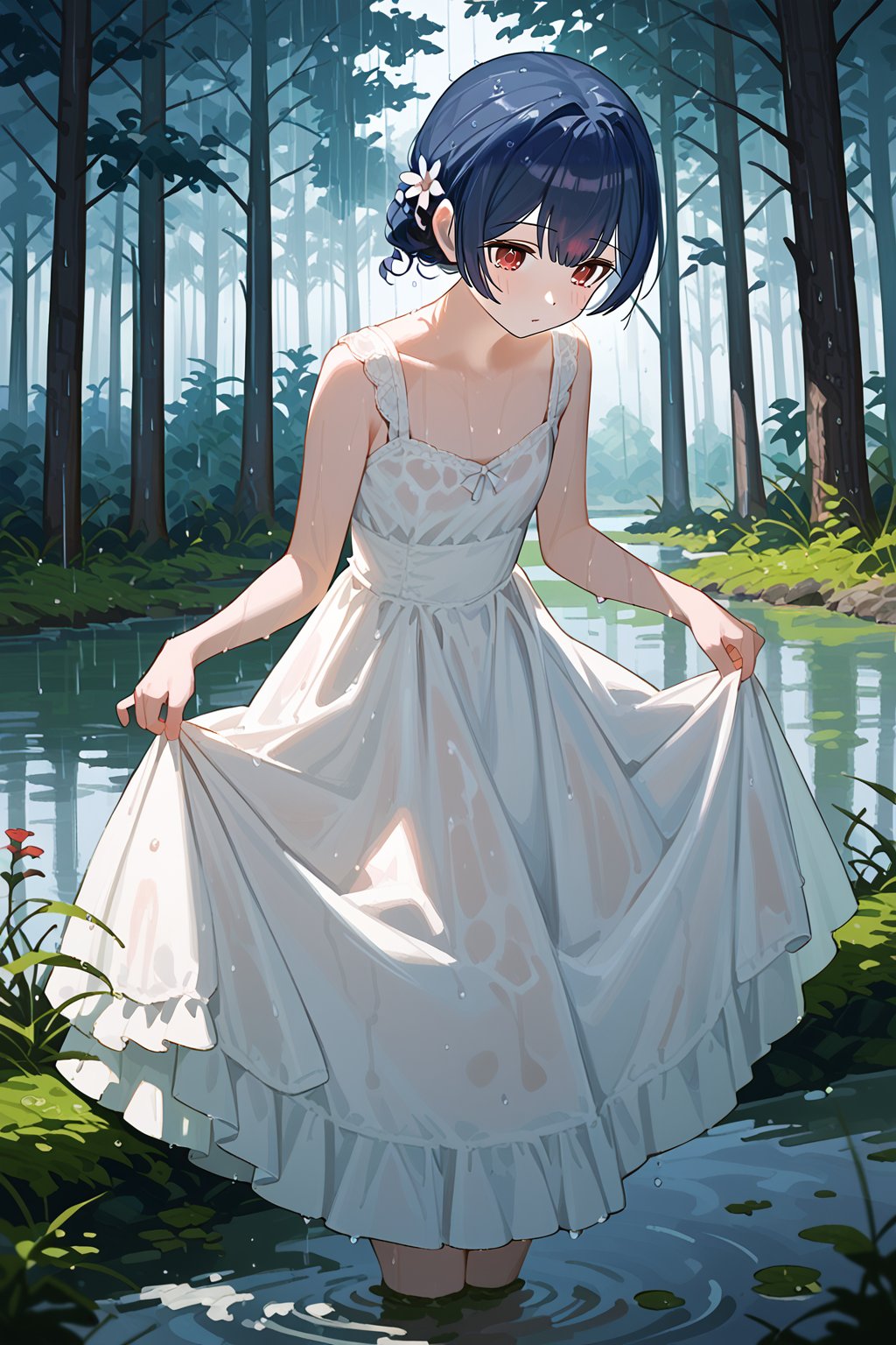 (score_9,score_8_up,score_7_up), wlop, 1girl, morino rinze, dark blue hair, single hair bun, red eyes, white dress, sundress, skirt hold bowing, outdoor, tress, river, forest, rainy, wet, mud