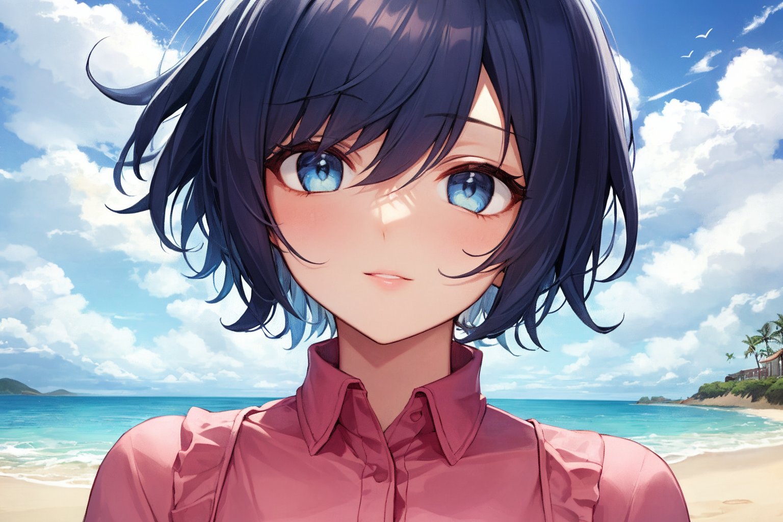 masterpiece, best quality, 1girl, short hair, blue hair, blue eyes, pink shirt, short sleeves, upper body, from front, outside, sand, sea