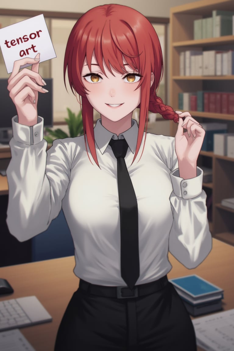 flux_makima, woman, collared shirt, white shirt, black necktie, black pants, red hair, single braid, in the office holding a sign with the text: "tensor art", smiling evilly 