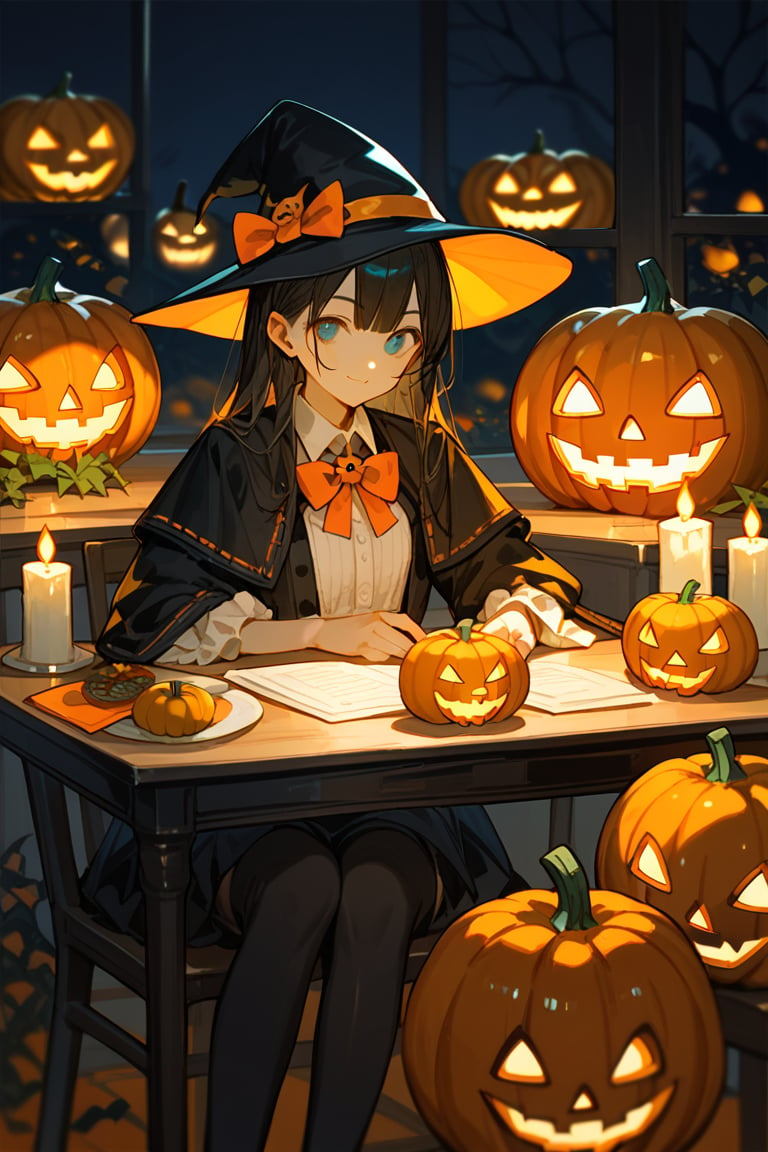 (score_9,score_8_up,score_7_up,score_6_up,score_5_up,score_4_up), anime, no humans, indoor, halloween, jack-o'-lantern, pumpkin, on table