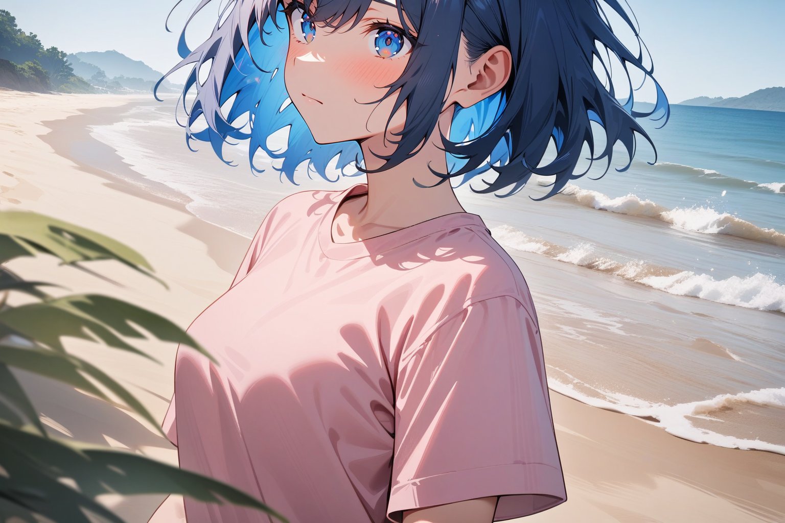 1girl, short hair, blue hair, blue eyes, pink shirt, short sleeves, upper body, from front, outside, sand, sea, masterpiece, best quality, absurdres, very aesthetic, newest, General