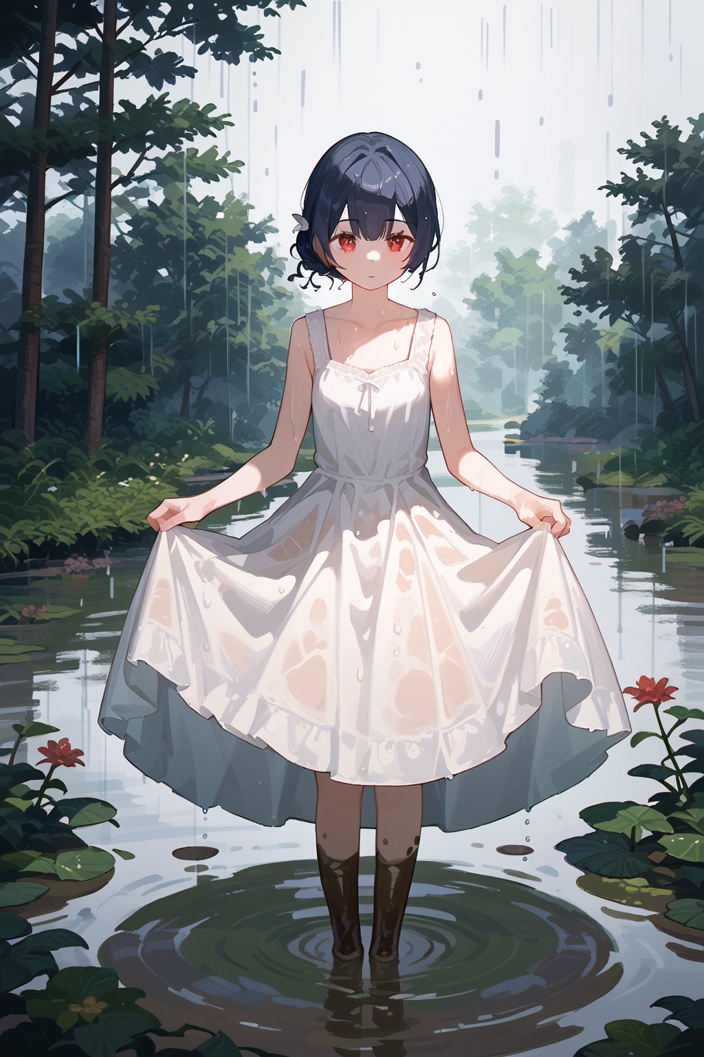 (score_9,score_8_up,score_7_up), morino rinze, 1girl, dark blue hair, single hair bun, red eyes, white dress, sundress, skirt hold bowing, outdoor, tress, river, forest, rainy, wet, mud