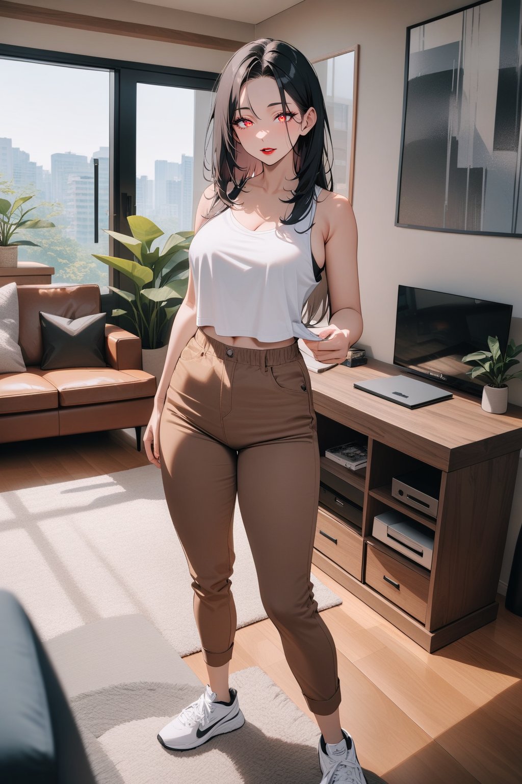 1girl, mature female, forehead, black hair, straight hair, long hair, tank top, brown skinny pants, sneaker, standing, living room, indoor, [fisheye lens:: 1], masterpiece, best quality, absurdres, very aesthetic, newest, General