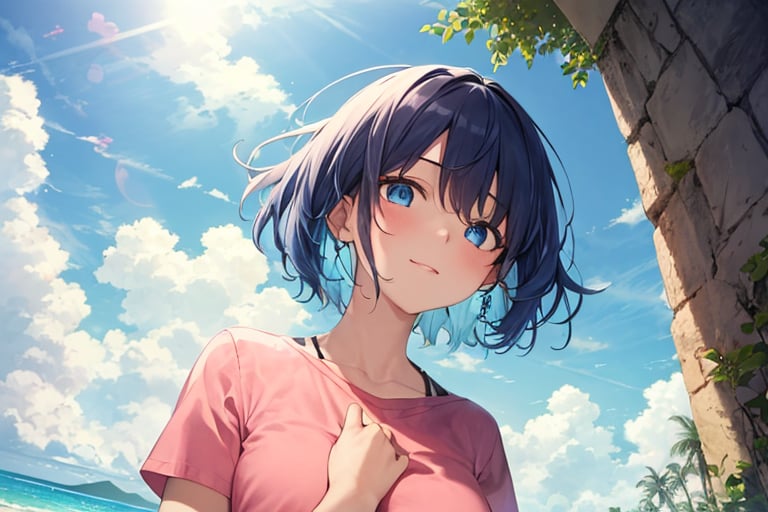 masterpiece, best quality, 1girl, short hair, blue hair, blue eyes, pink shirt, short sleeves, upper body, from front, outside, sand, sea