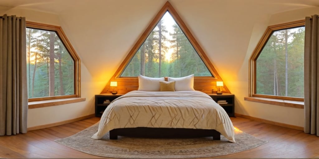 A cozy bedroom with soft, ambient lighting, featuring a unique triangle-shaped window overlooking a serene forest. The window lets in a warm, golden glow as the sun sets, casting intricate shadows on the wooden floor. The bed is adorned with plush, textured blankets and pillows, with a rustic wooden headboard. Soft, flowing curtains frame the triangle window, and a small plant sits on the windowsill, adding a touch of greenery. The room has a warm, earthy color palette, with detailed textures, high-quality rendering, 8k,360 View, 360, panorama