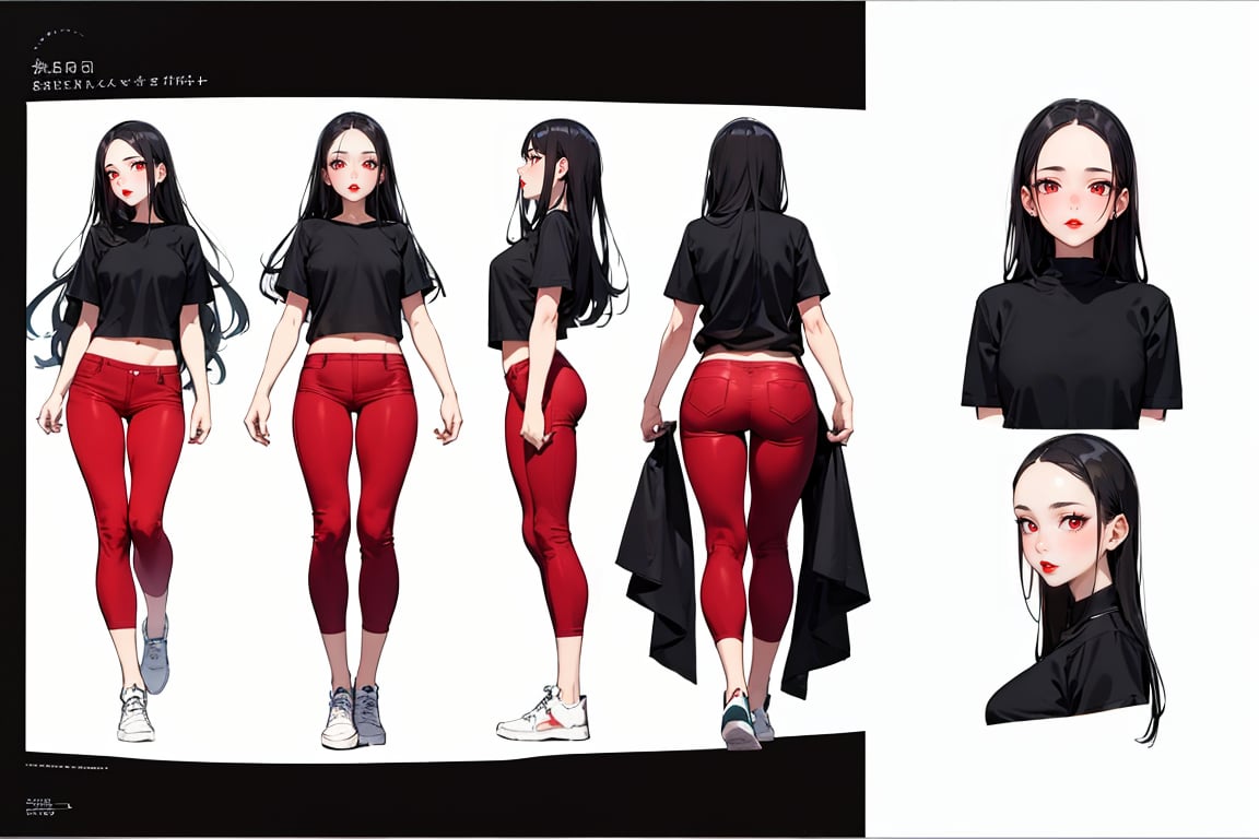 masterpiece, best quality, 1girl, black hair, long hair, (forehead), black shirt, short sleeve, red pants, sneakers, white background, model sheet, multiple views 