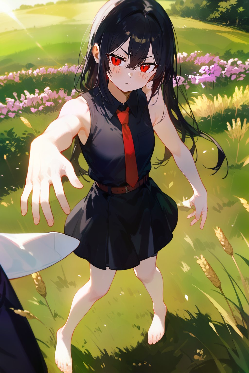 (score_9,score_8_up,score_7_up), 1girl, long hair, black hair, red eyes, hair between eyes, skirt, dress, necktie, sleeveless, belt, shirt, black shirt, collared shirt, red necktie, black skirt, barefeet, standing, wheat field, country road, day, sun, sunlight
