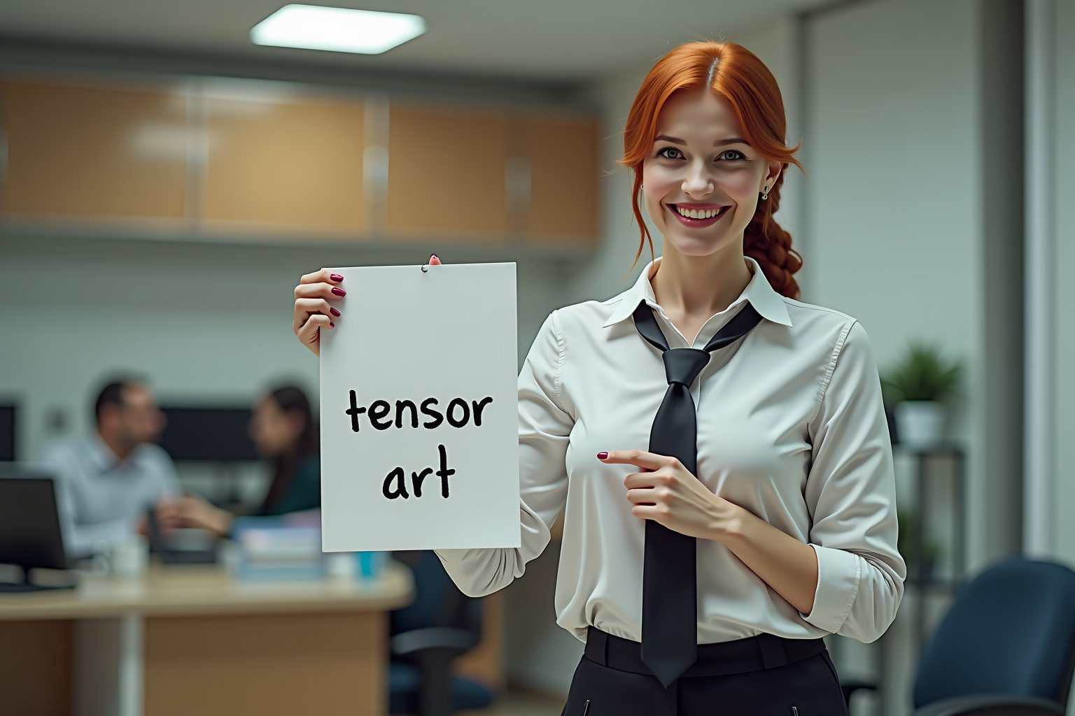 woman, collared shirt, white shirt, black necktie, black pants, red hair, single braid, in the office holding a sign with the text: "tensor art", smiling evilly 