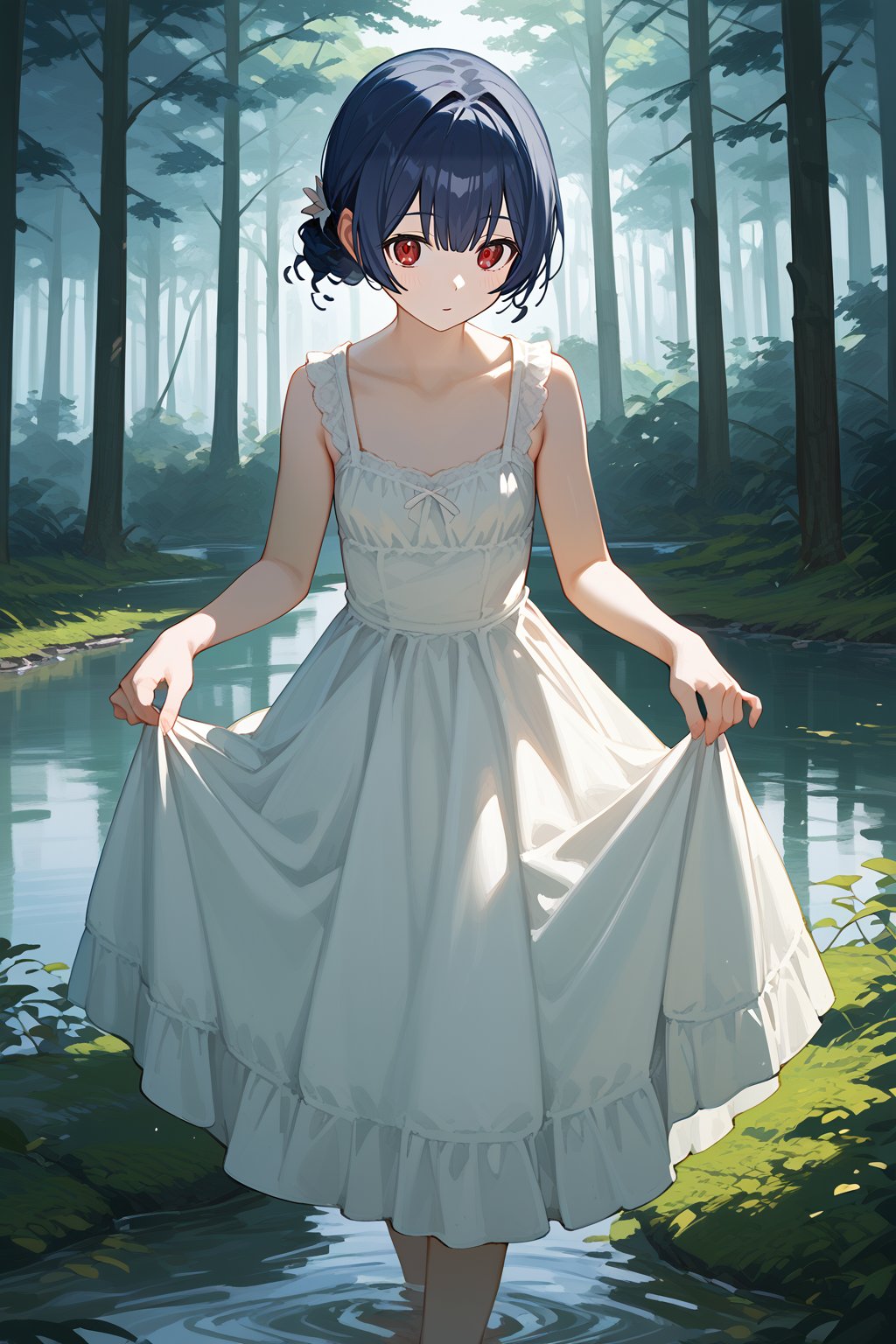 (score_9,score_8_up,score_7_up), 1girl, morino rinze, dark blue hair, single hair bun, red eyes, white dress, sundress, skirt hold bowing, outdoor, tress, nature, river, forest