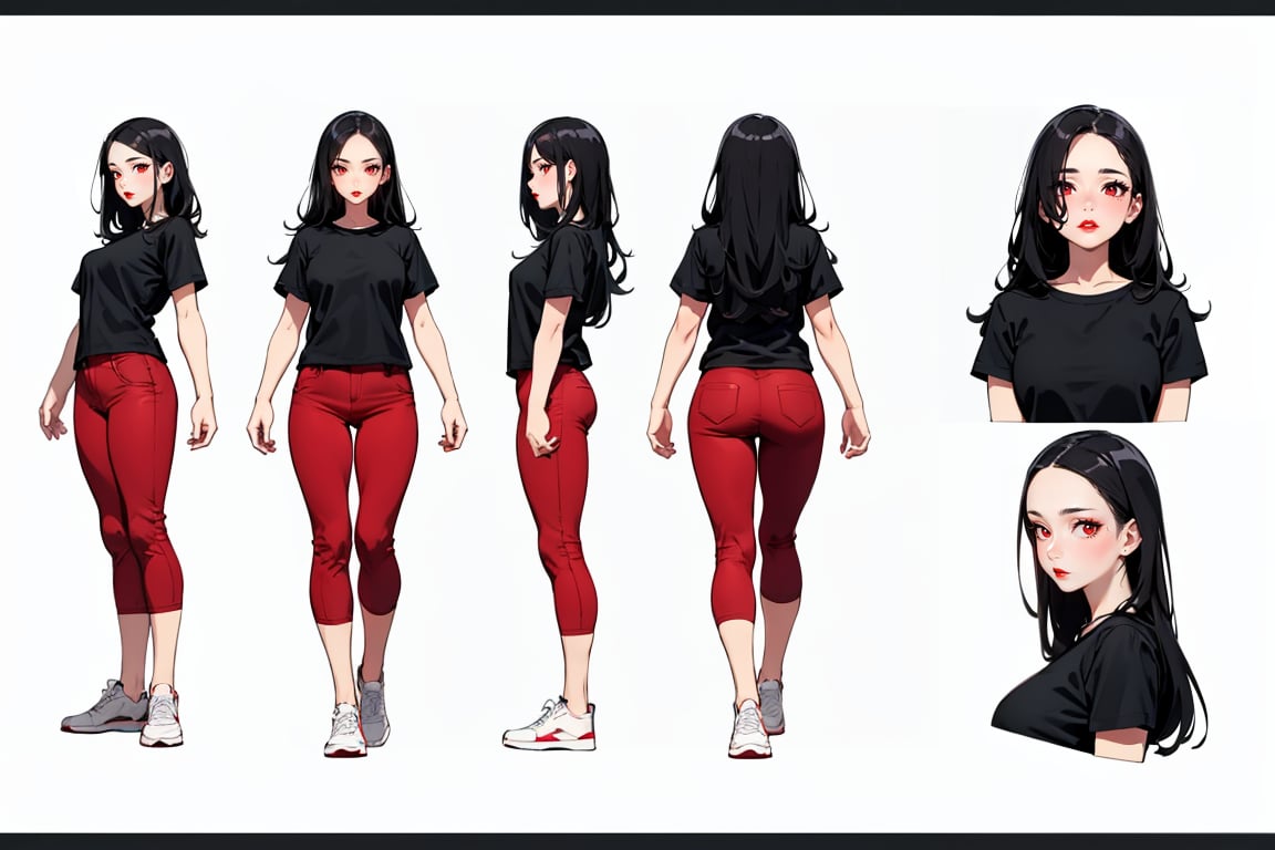 masterpiece, best quality, 1girl, black hair, long hair, straight hair, forehead, black shirt, short sleeve, red pants, sneakers, white background, model sheet, multiple views 