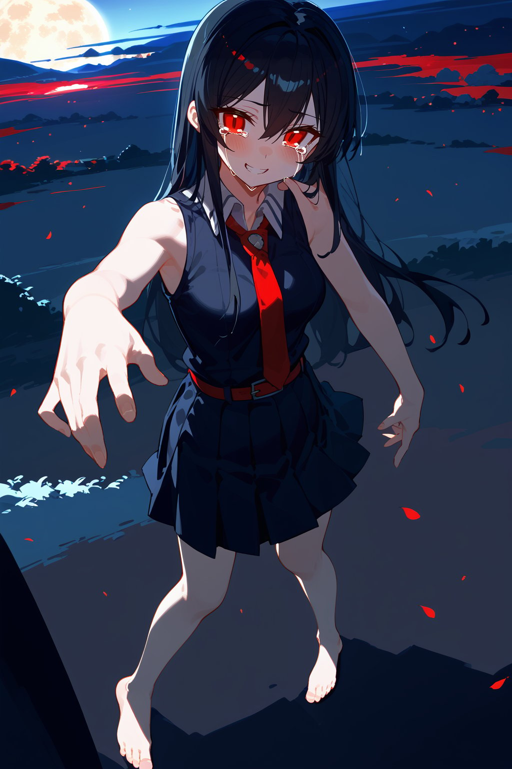 (score_9,score_8_up,score_7_up), flat color, 1girl, Akame, red eyes, black hair, long hair, hair between eyes, medium breasts, black school uniform, sleeveless, bare shoulders, red necktie, pleated skirt, red belt, bare feet, standing, grass, blue sky, landscape, night sky, full moon, night light, backlighting, dark background