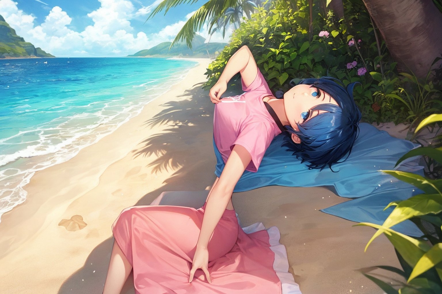 masterpiece, best quality, 1girl, short hair, blue hair, blue eyes, pink shirt, short sleeves, outside, sand, sea