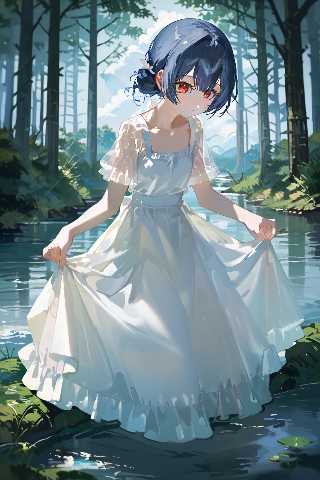 (score_9,score_8_up,score_7_up,score_6_up,score_5_up,score_4_up), anime, 1girl, morino rinze, dark blue hair, single hair bun, red eyes, white dress, sundress, short sleeves, see-through sleeves, outdoor, tress, river, forest, clouds 